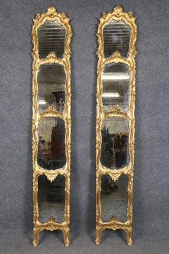 Pair Of Rare Tall Italian Rococo Style Distressed Carved Gilt Gold Mirrors
