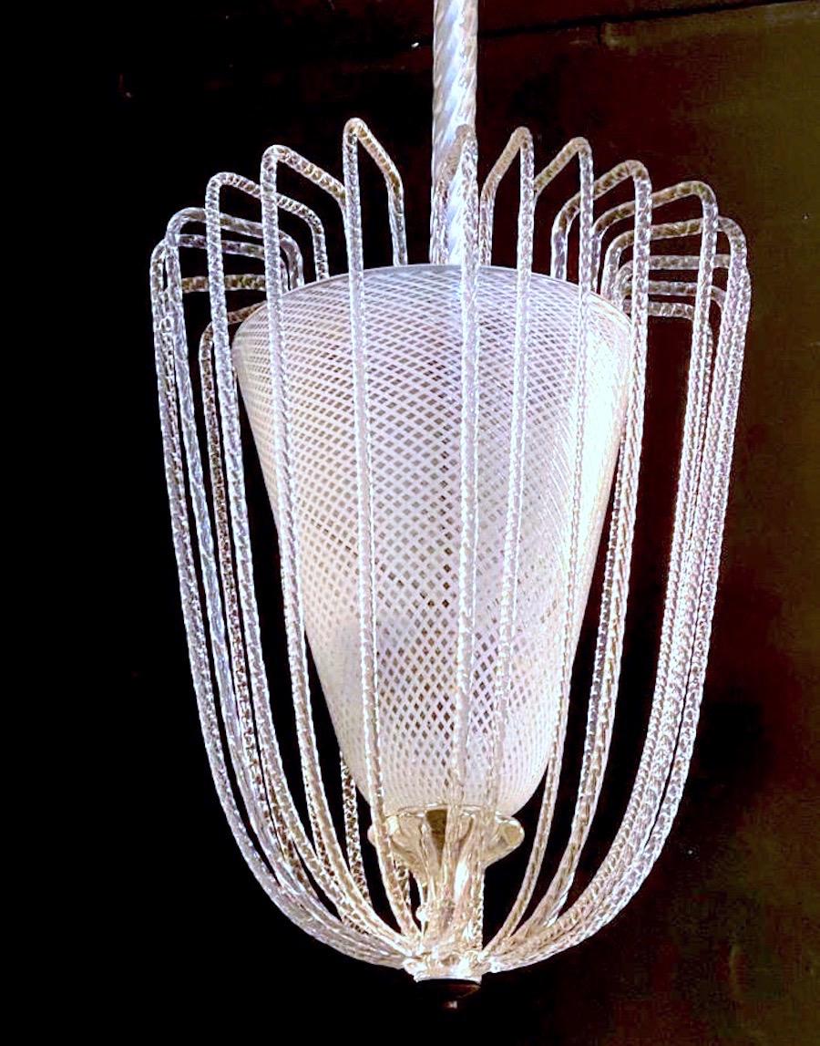 Pair of Rare Venini Reticello Murano Glass Lanterns or Pendants, 1940s 3