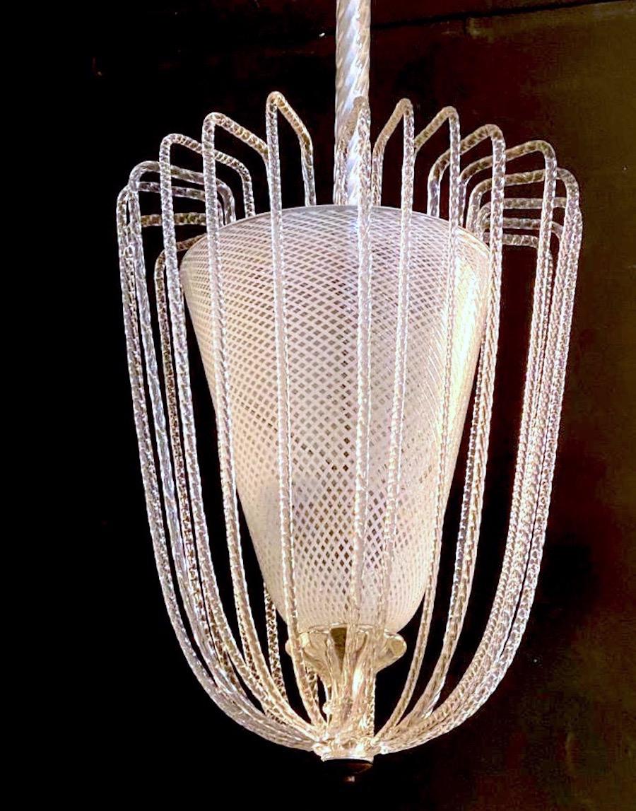 Art Deco Pair of Rare Venini Reticello Murano Glass Lanterns or Pendants, 1940s