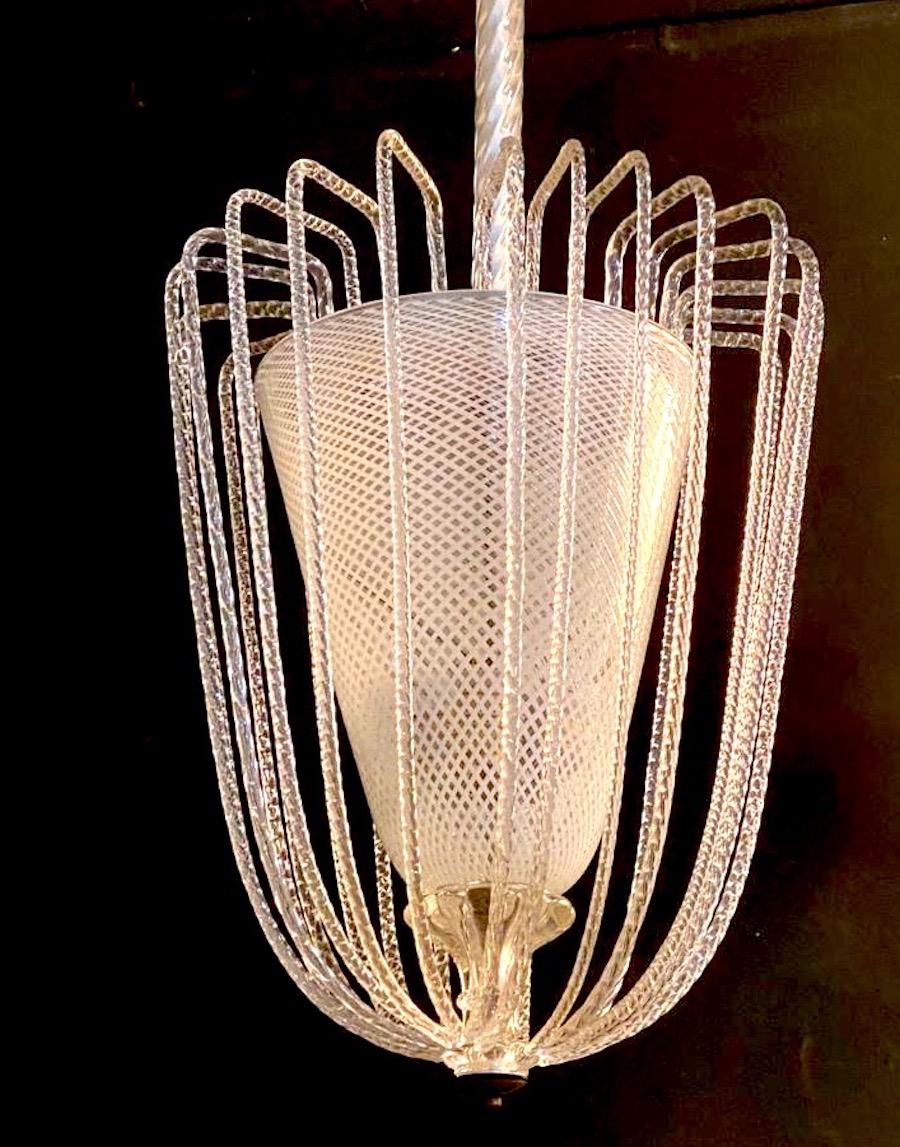 Mid-20th Century Pair of Rare Venini Reticello Murano Glass Lanterns or Pendants, 1940s