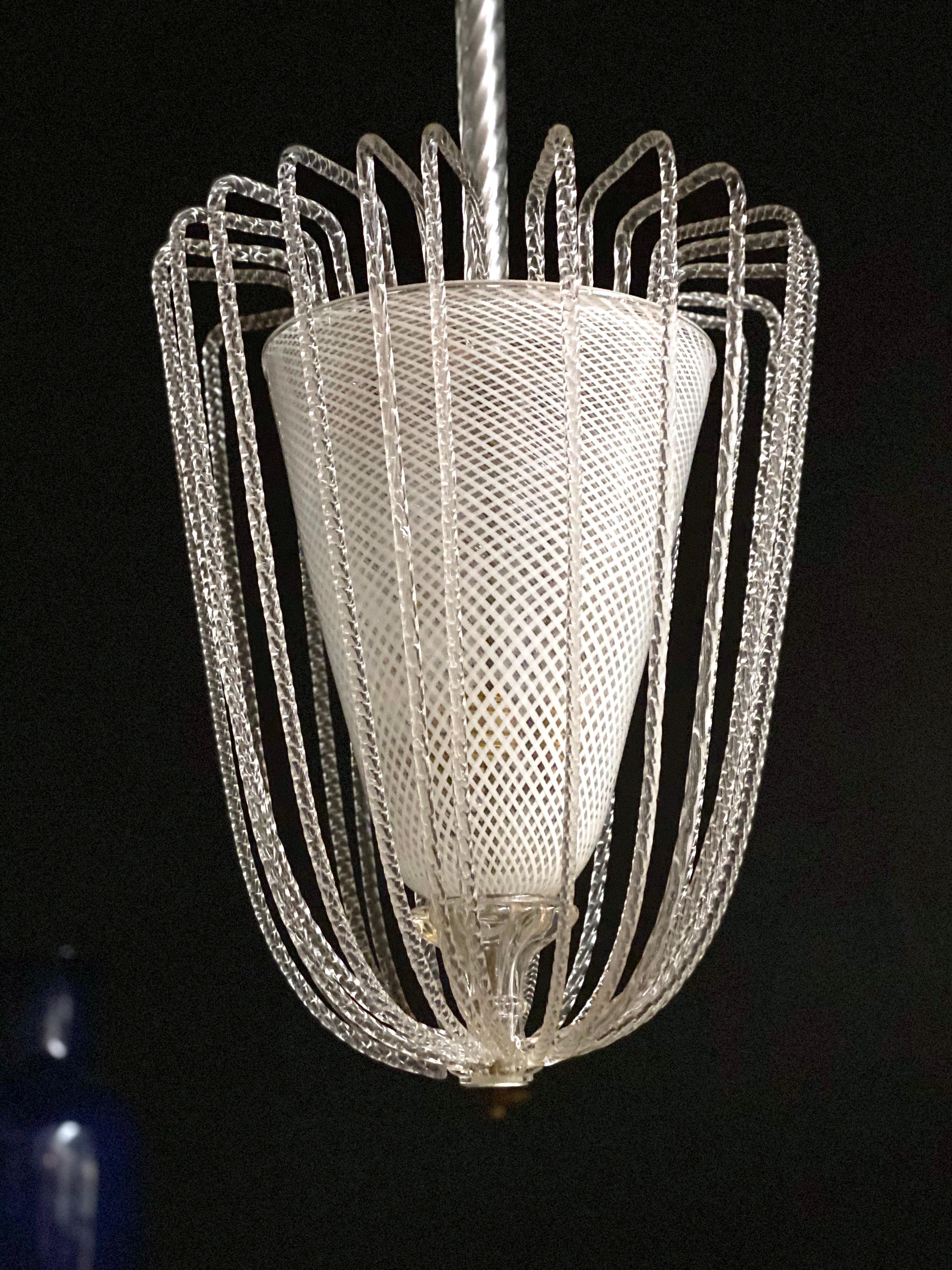 Pair of Rare Venini Reticello Murano Glass Lanterns or Pendants, 1940s 1