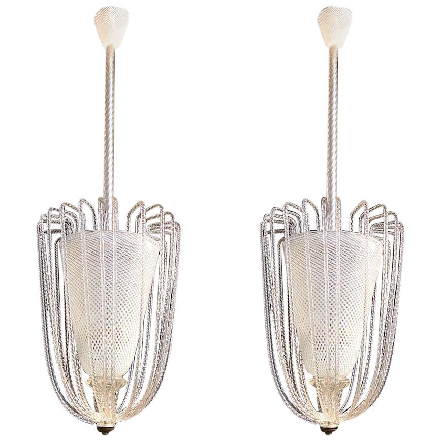 Pair of Rare Venini Reticello Murano Glass Lanterns or Pendants, 1940s