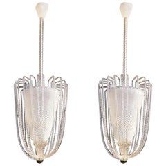 Pair of Rare Venini Reticello Murano Glass Lanterns or Pendants, 1940s