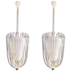 Pair of Rare Venini Reticello Murano Glass Lanterns or Pendants, 1940s