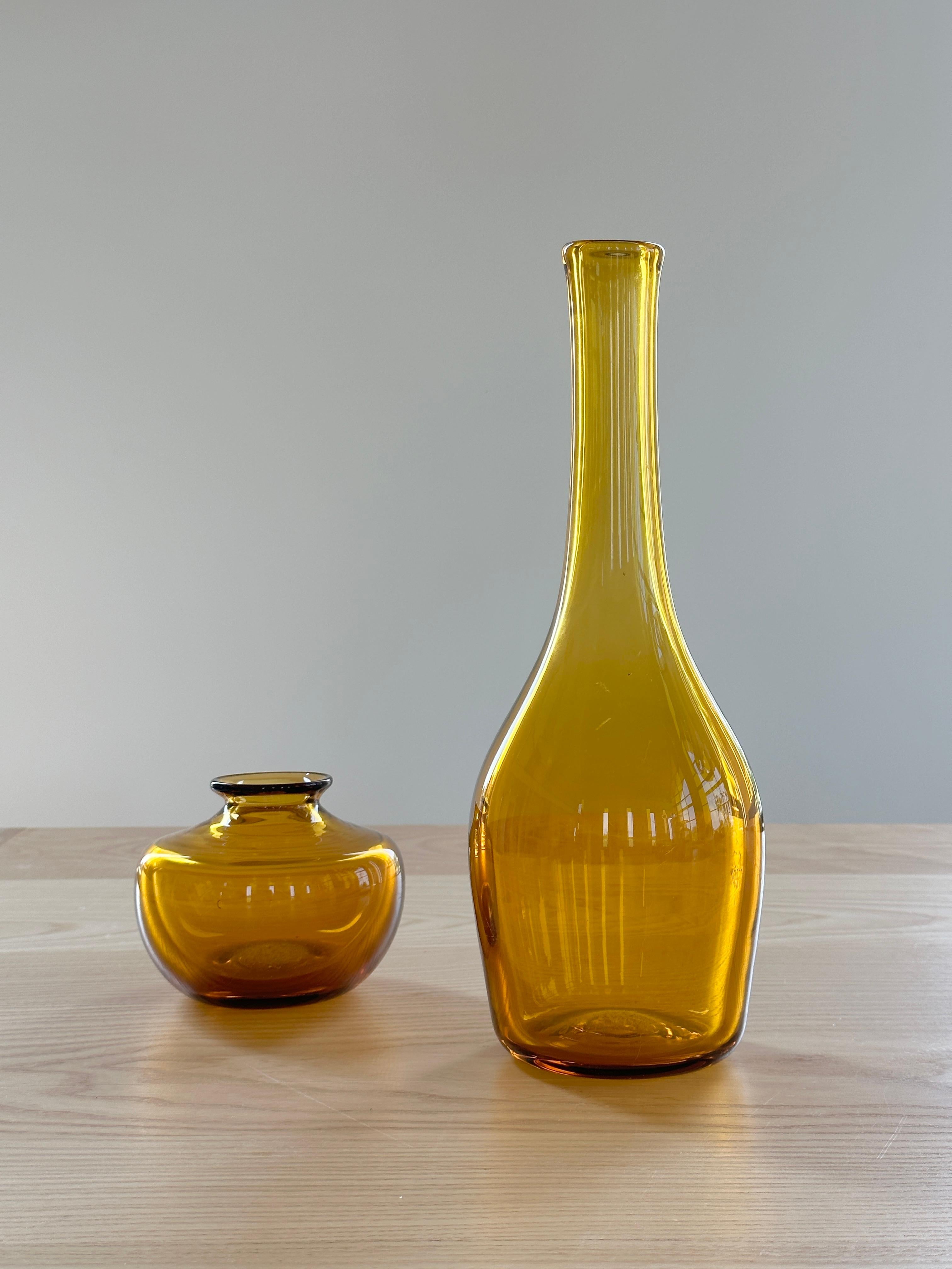 Stamped 'Verval Vallauris' thick yellow/amber French glass vases. Handblown in Vallauris, a seaside commune in France dating back to 1501 and noted for its ceramics, glass, the bitter orange tree, and Picasso, who lived there from 1948 to