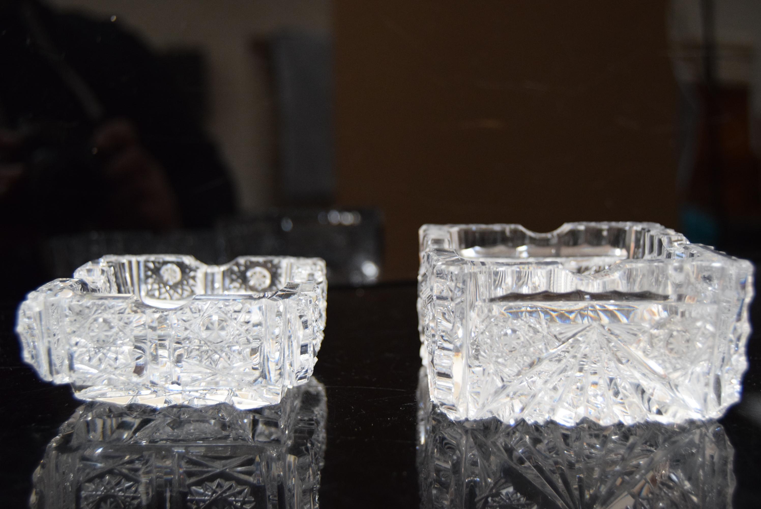 Mid-Century Modern Pair of Rare Vintage Ashtrays, Cut Crystal Glass, Bohemia in the, 1960s For Sale