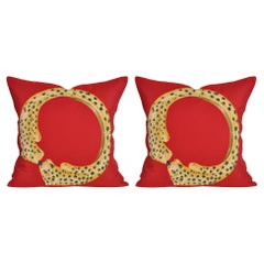 Pair of Rare Vintage Cartier Panther Bracelet Silk Scarf Pillows in Red Gold