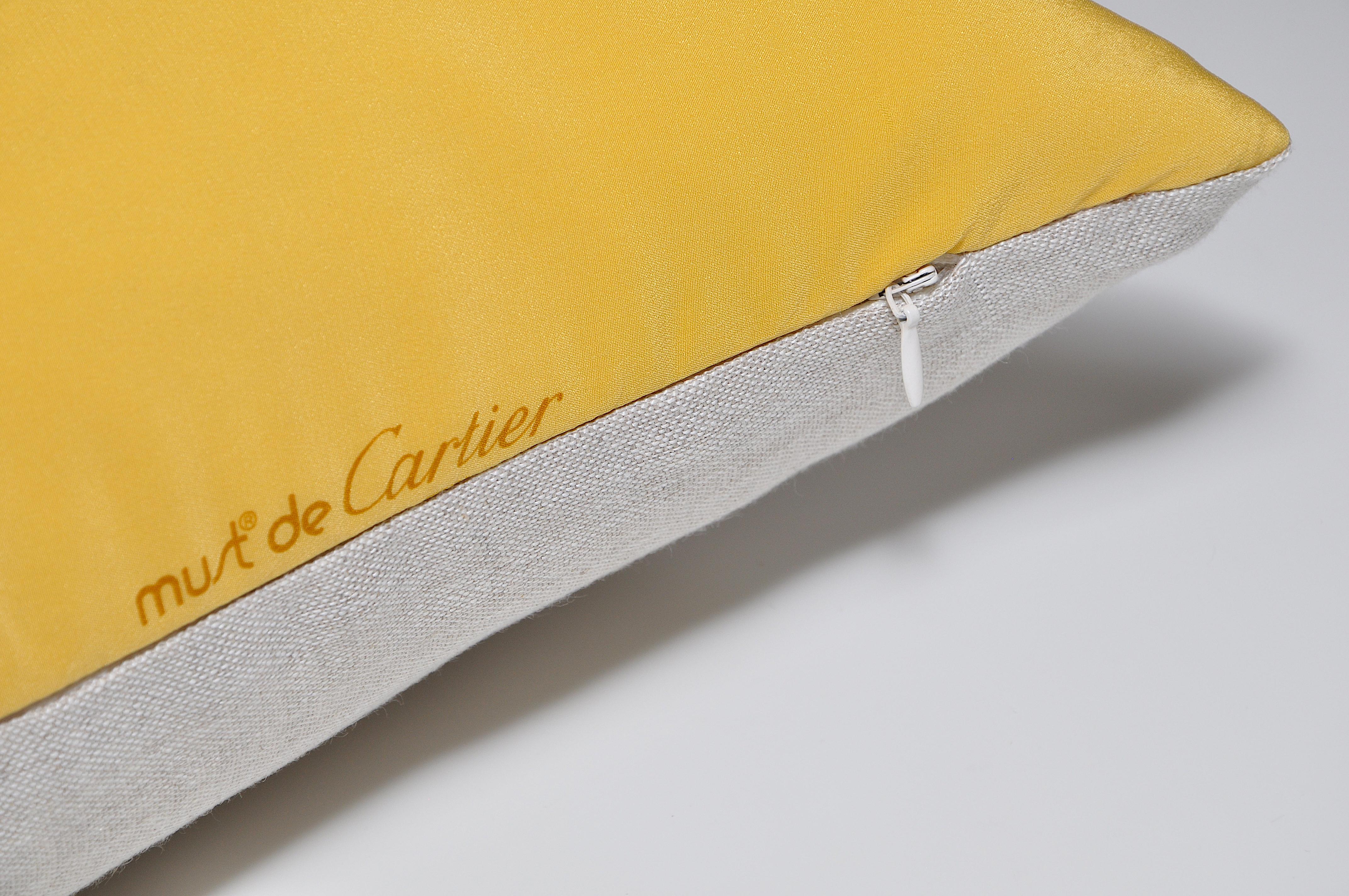 French Pair of Rare Vintage Cartier Panther Bracelet Silk Scarf Yellow Linen Pillow For Sale