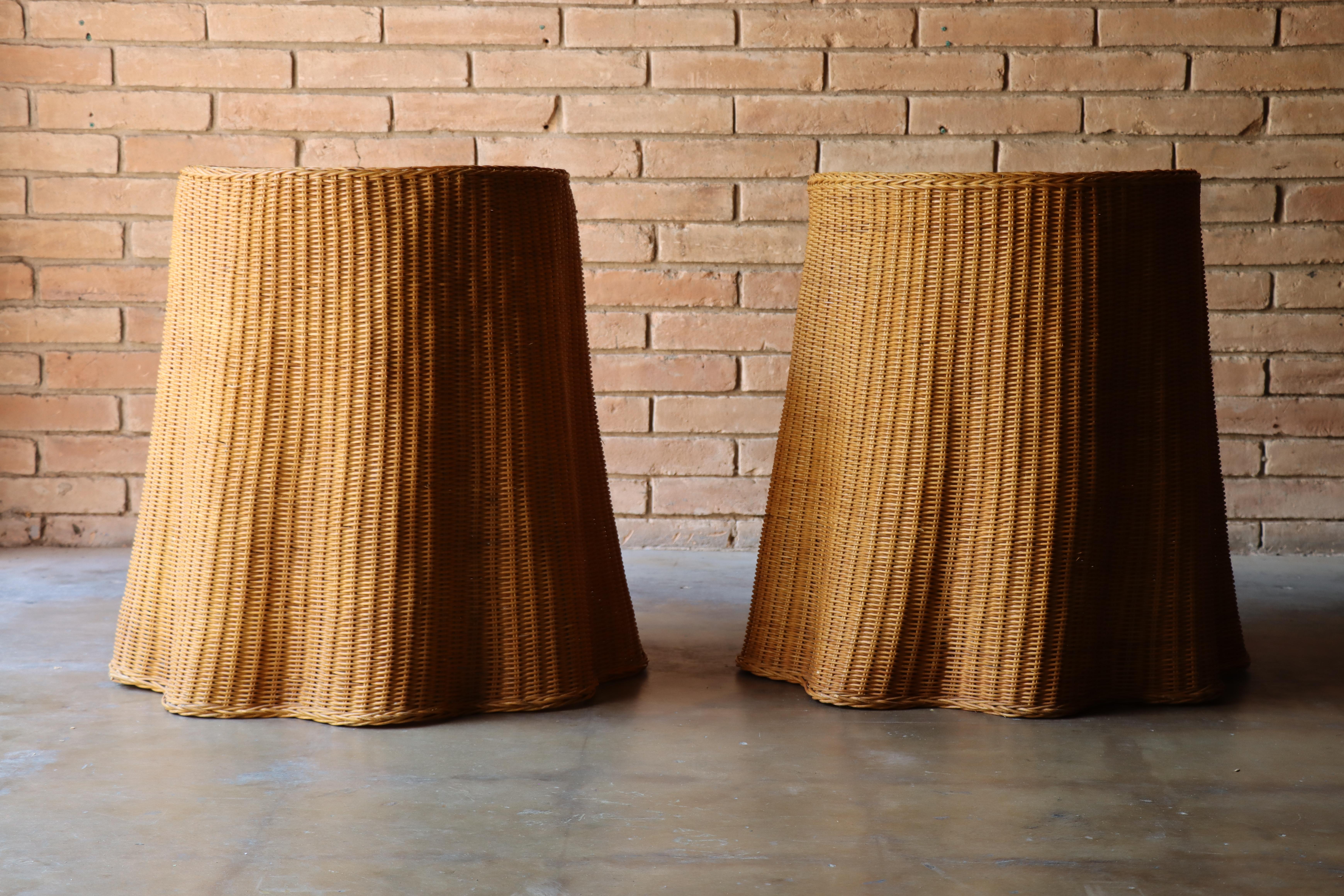 Hand-Woven Pair of Rare Vintage “Draped” Trompe L’oeil Wicker Side Tables 