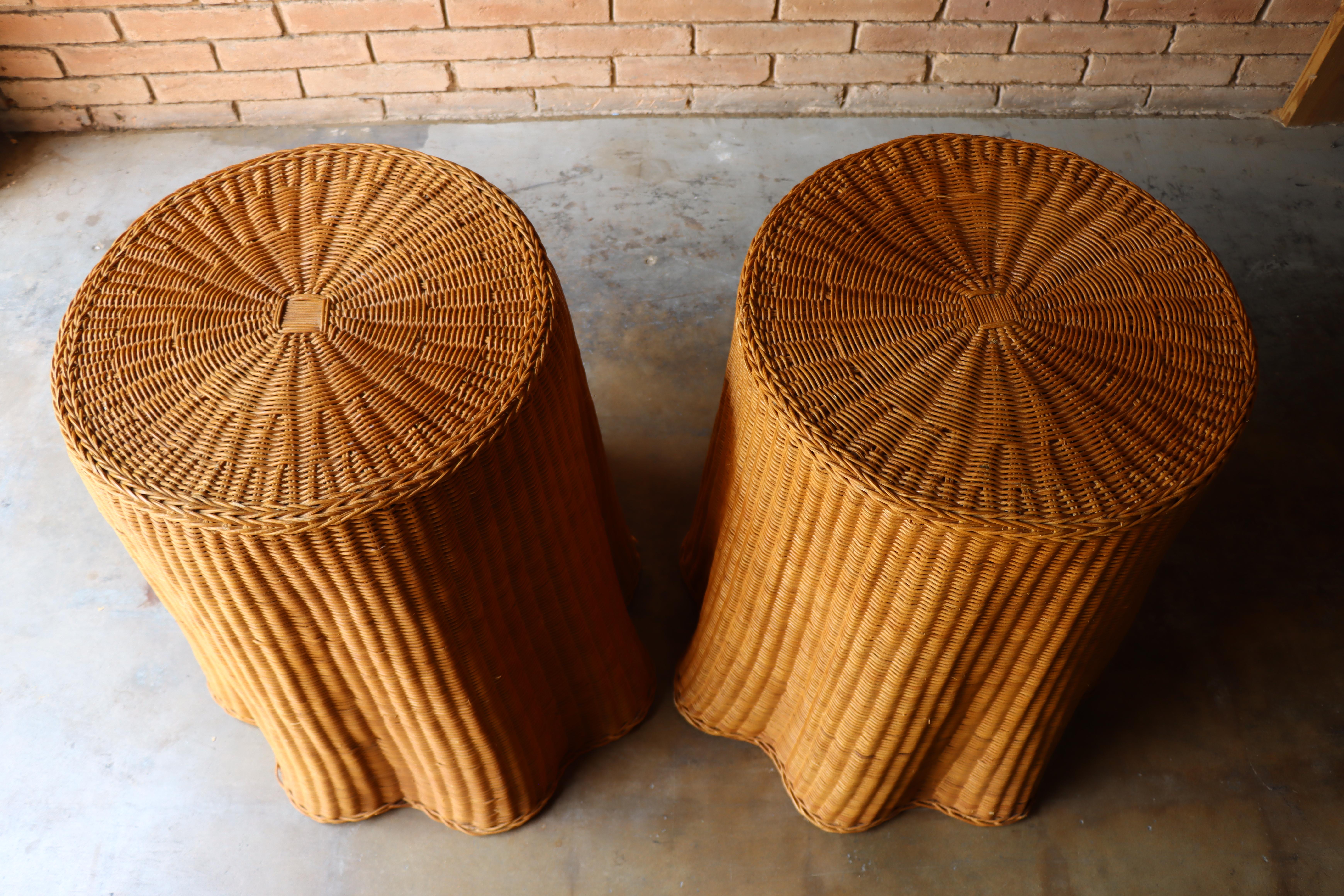 Pair of Rare Vintage “Draped” Trompe L’oeil Wicker Side Tables  In Good Condition In Round Rock, TX