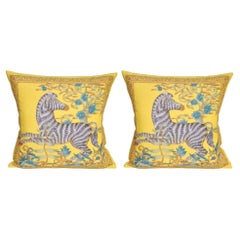 Pair of Rare Vintage Salvatore Ferragamo Yellow Scarf Cushions in Linen Pillow