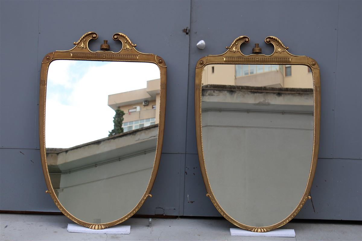 Mid-Century Modern Pair of Rare Wall Mirrors Wood and Gold Leaf 1955 Cantù Giovanni Gariboldi Style For Sale