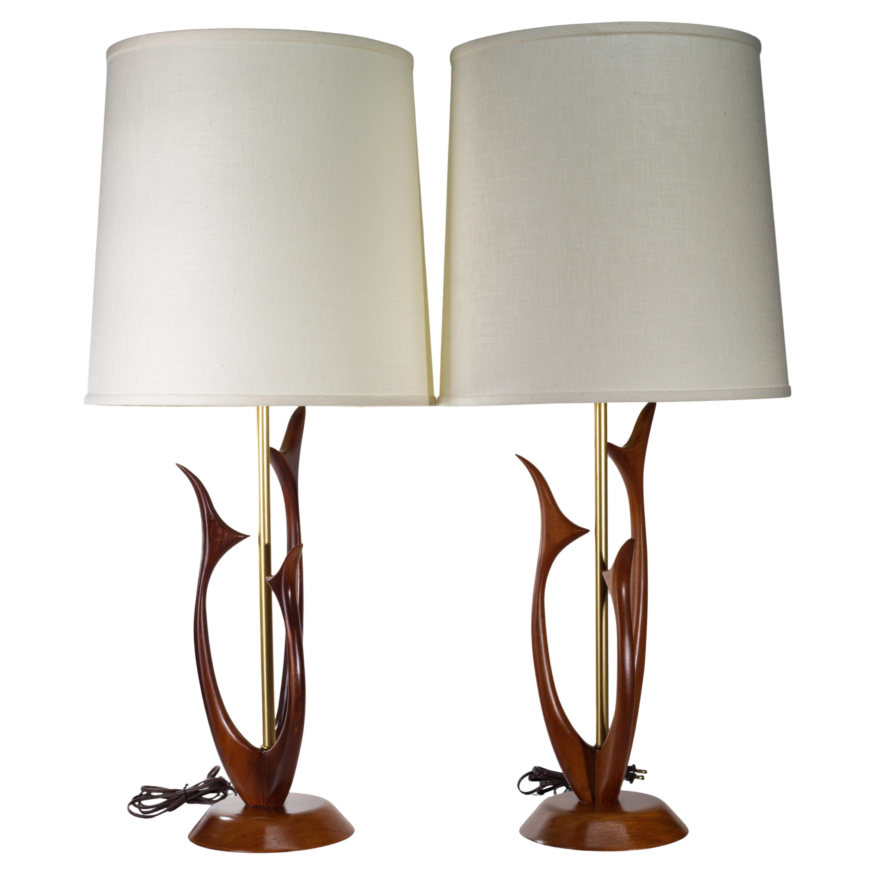 Pair of Walnut and Brass Table Lamps in Style of Modeline, Mid Century Modern