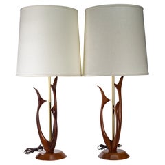 Pair of Walnut and Brass Table Lamps in Style of Modeline, Mid Century Modern