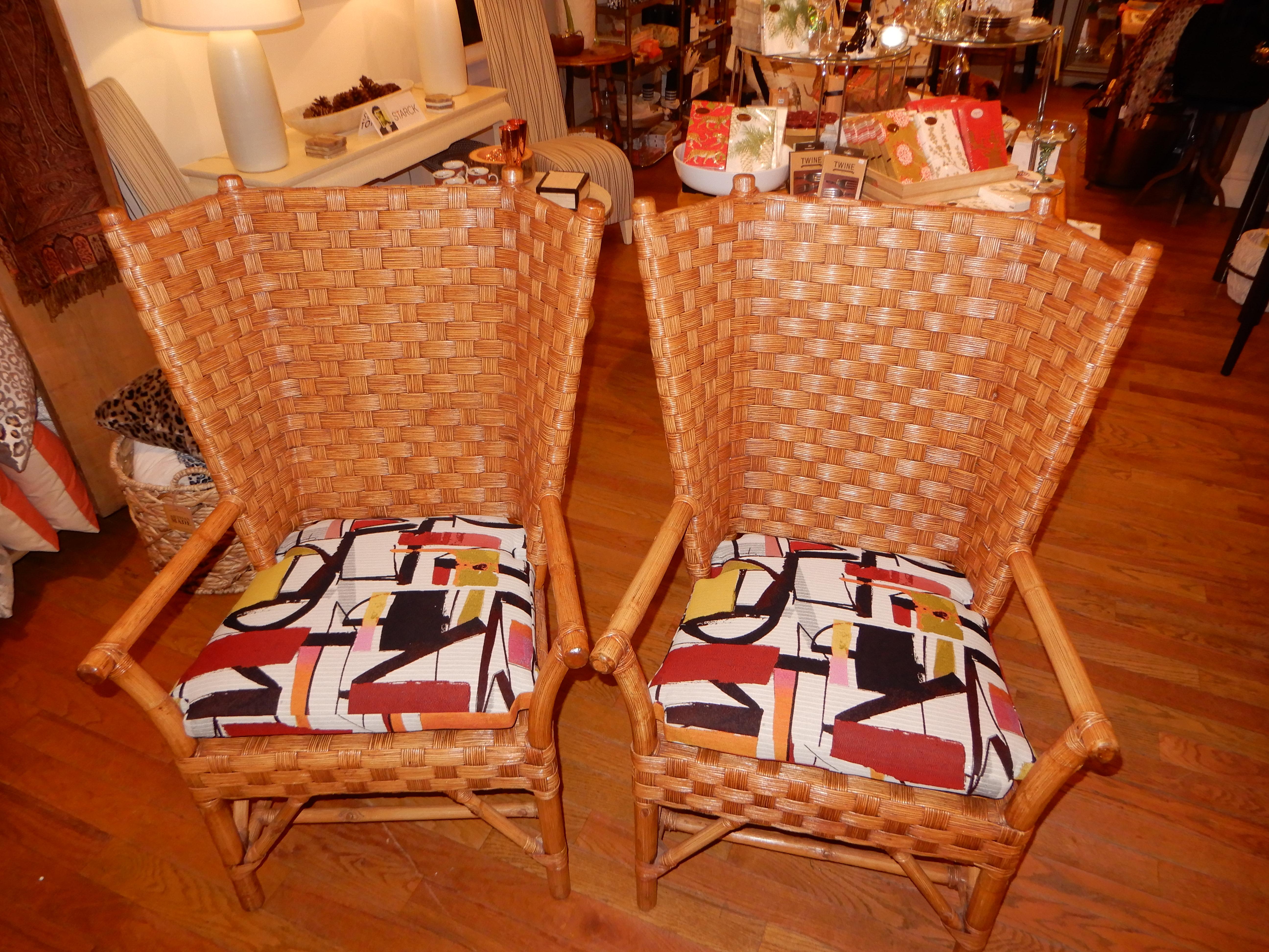 Pair of Rare Walters Wicker Modern High Back Chairs 7
