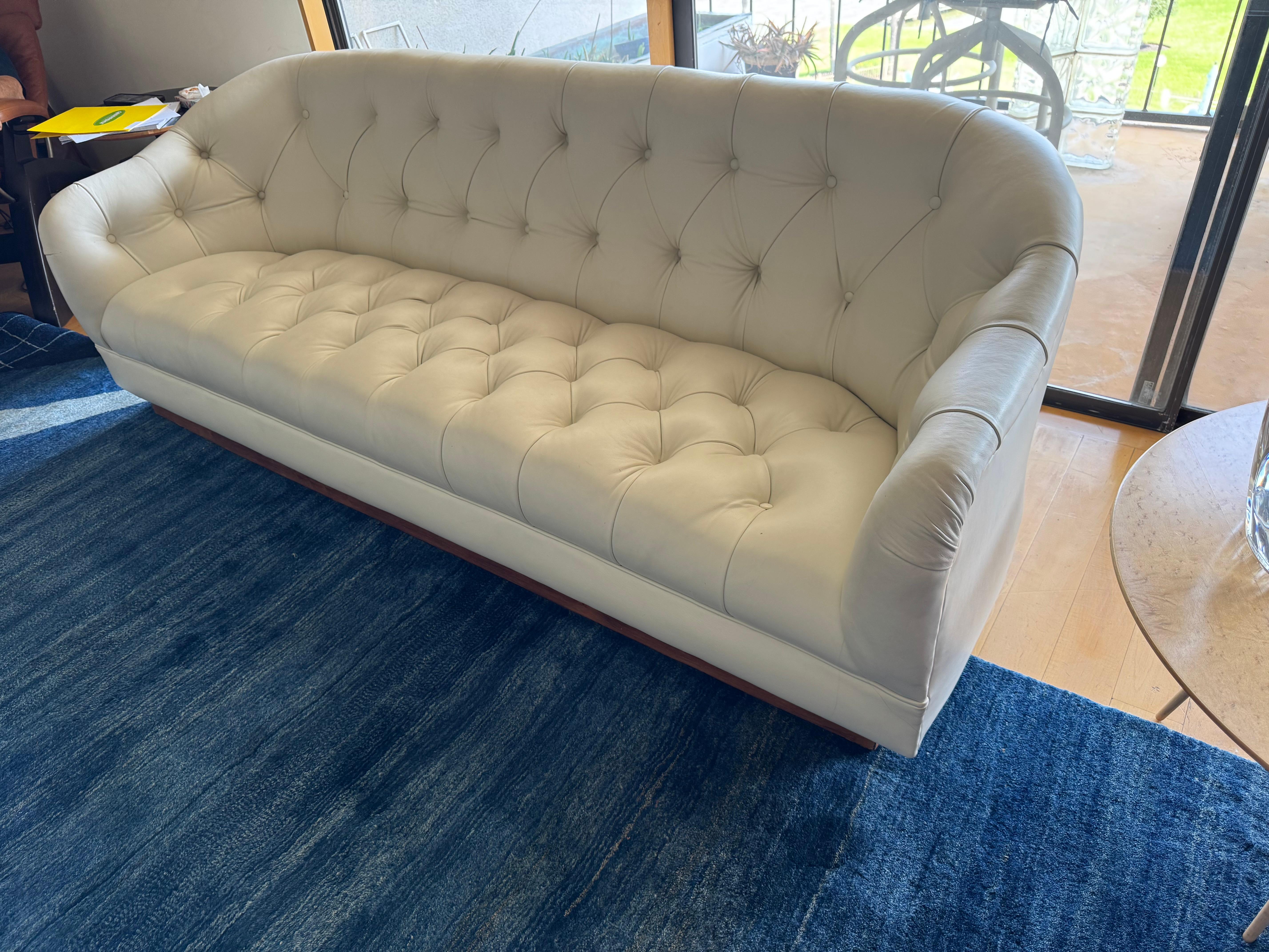 Mid-Century Modern Pair of Rare Ward Bennett Plinth Base Tufted White Leather Sofas For Sale