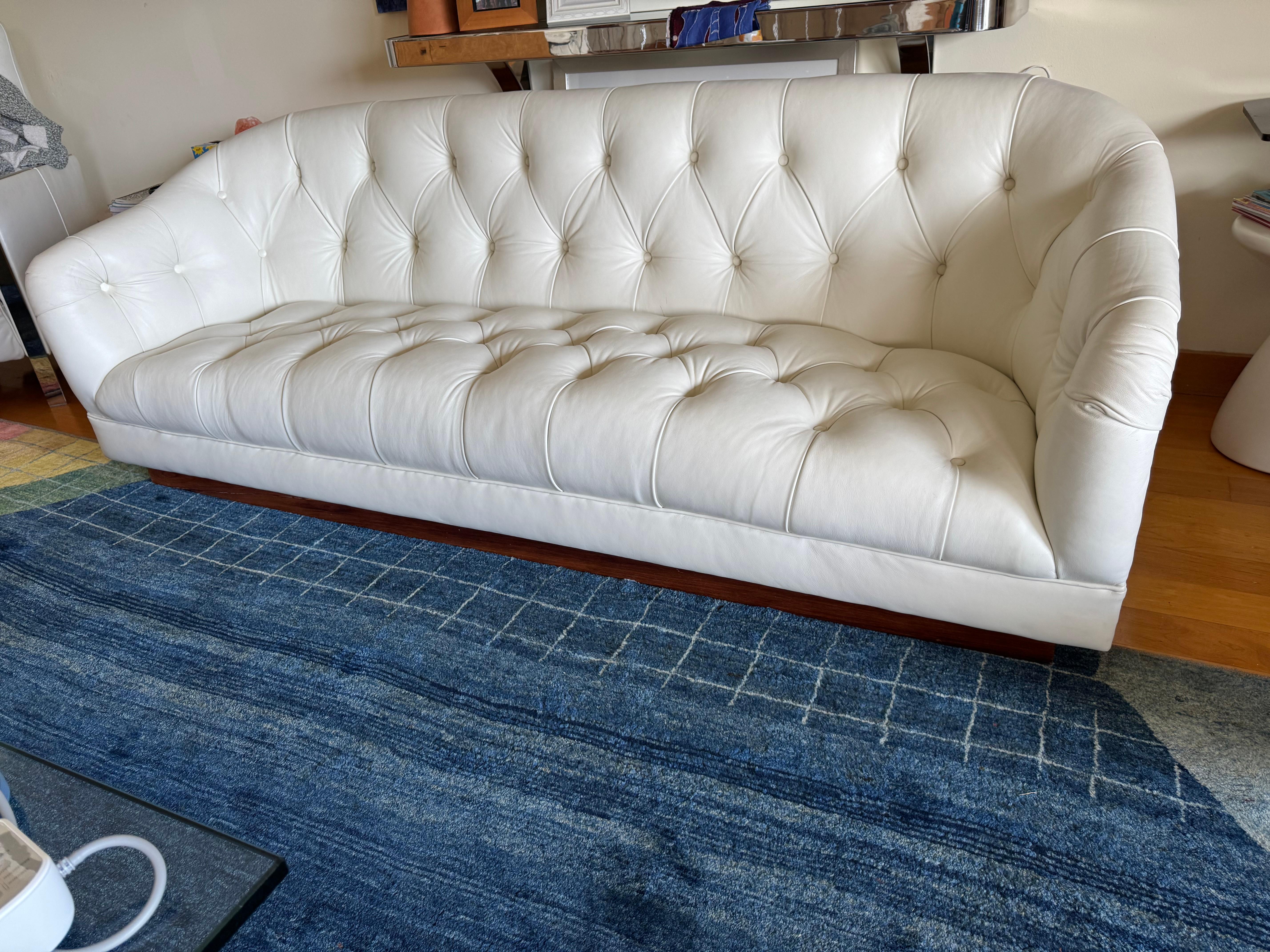 American Pair of Rare Ward Bennett Plinth Base Tufted White Leather Sofas For Sale