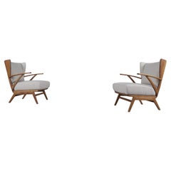 Pair of Rare Wooden Wingback Armchairs in White Boucle Fabric, 1950s