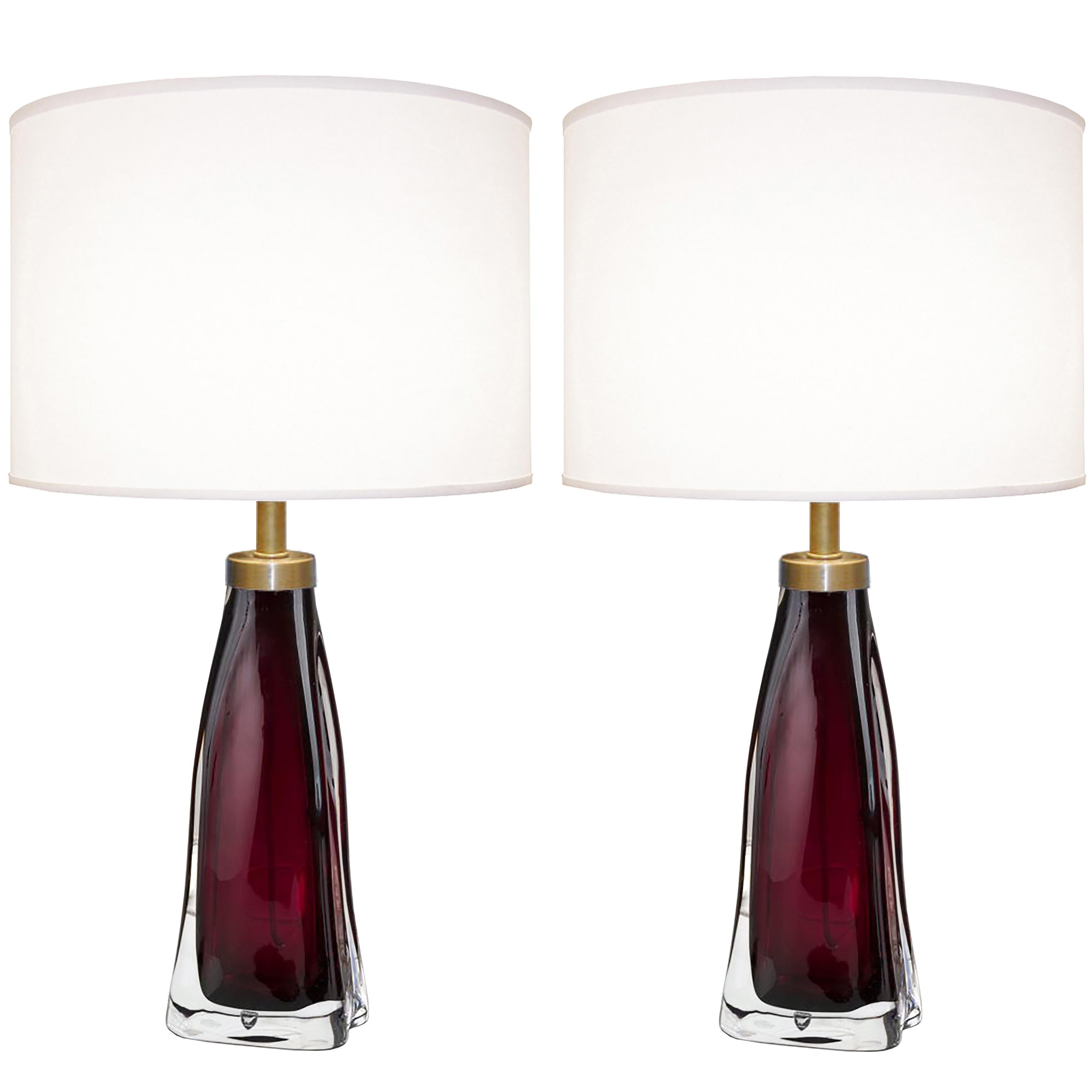 Pair of Raspberry and Clear Glass Lamps by Carl Fagerlund for Orrefors For Sale