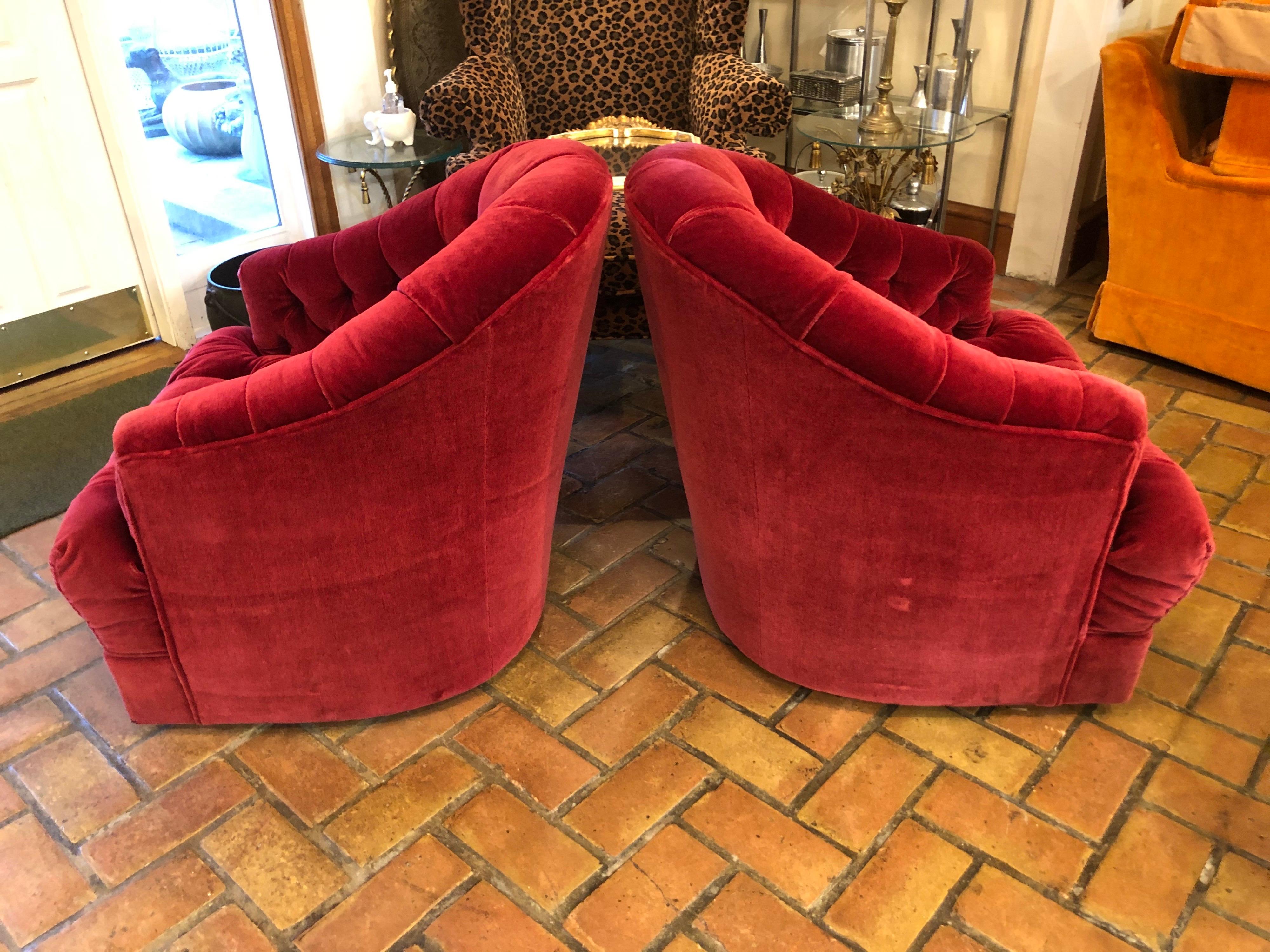 Pair of Raspberry Mohair Swivel Chairs by Directional 3