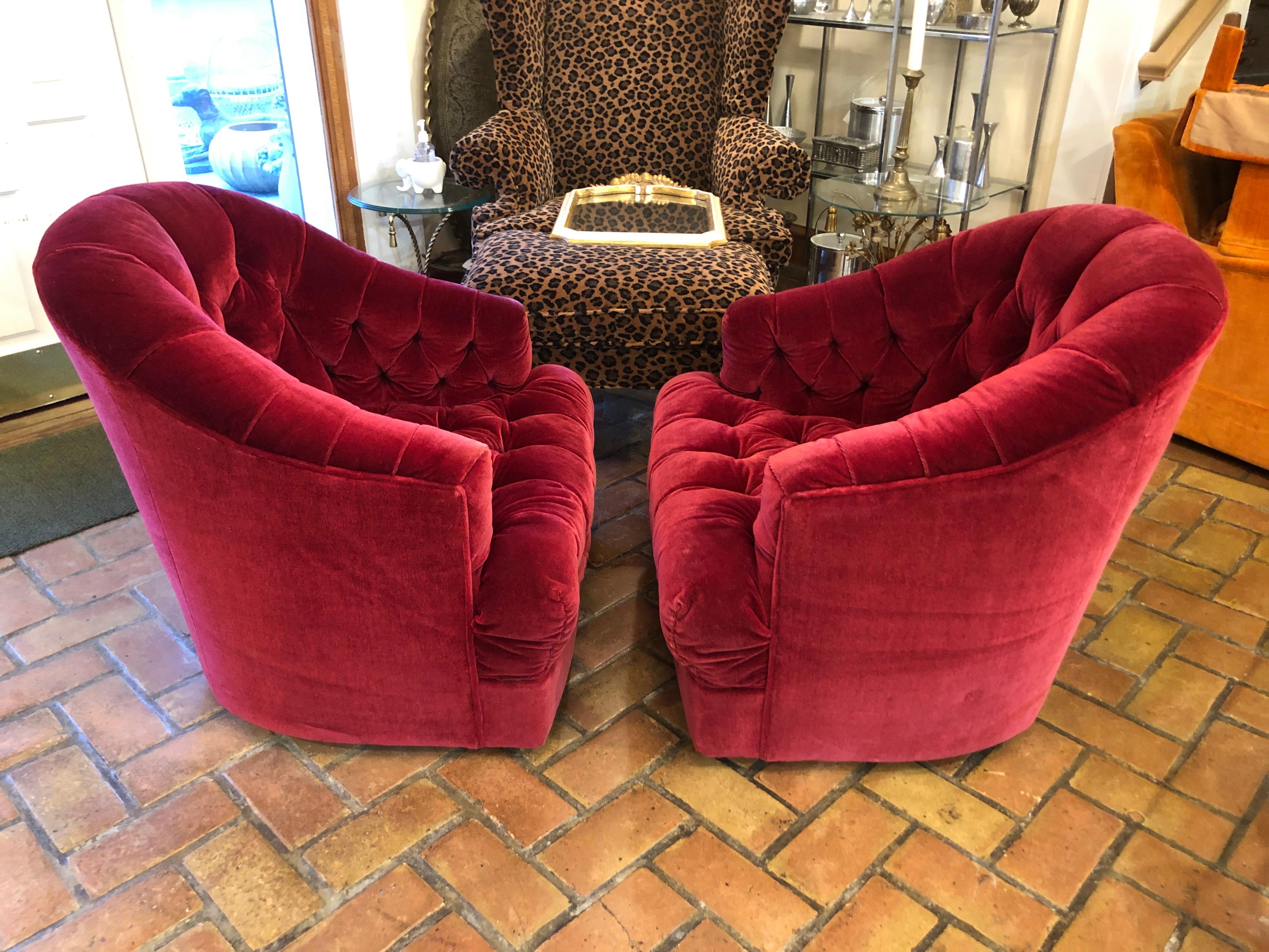 Pair of Raspberry Mohair Swivel Chairs by Directional 4