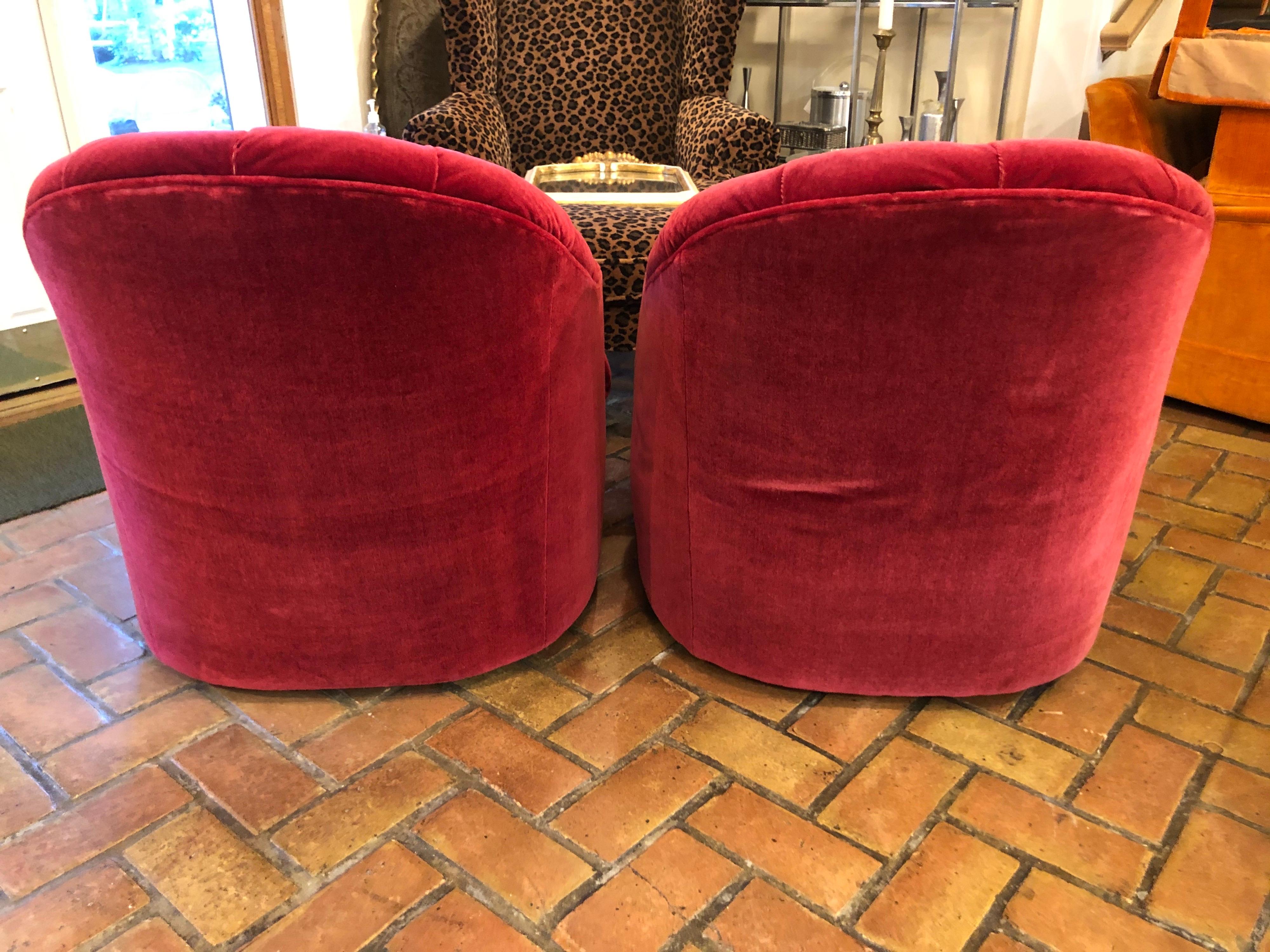 Pair of Raspberry Mohair Swivel Chairs by Directional 5