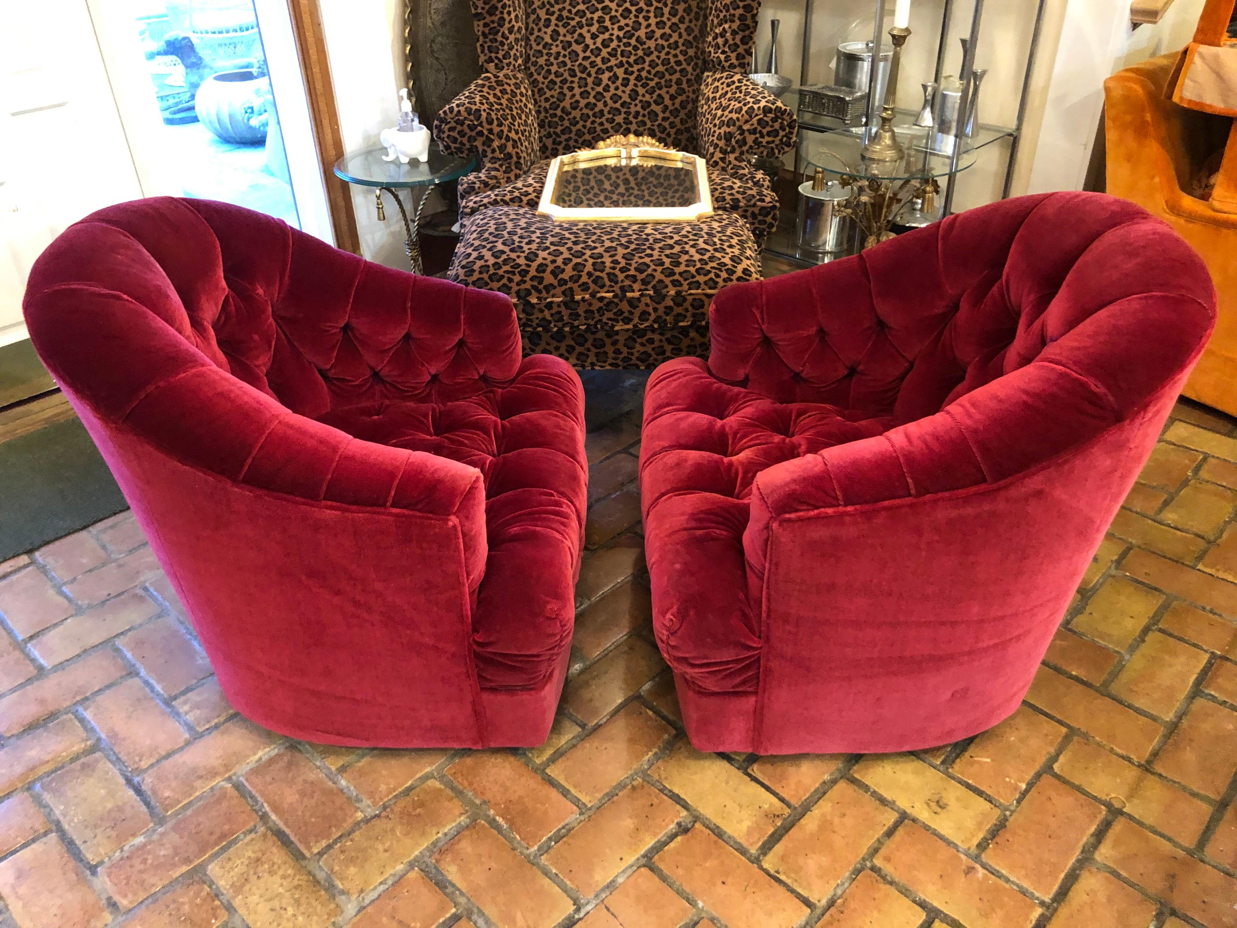 Pair of Raspberry Mohair Swivel Chairs by Directional 6