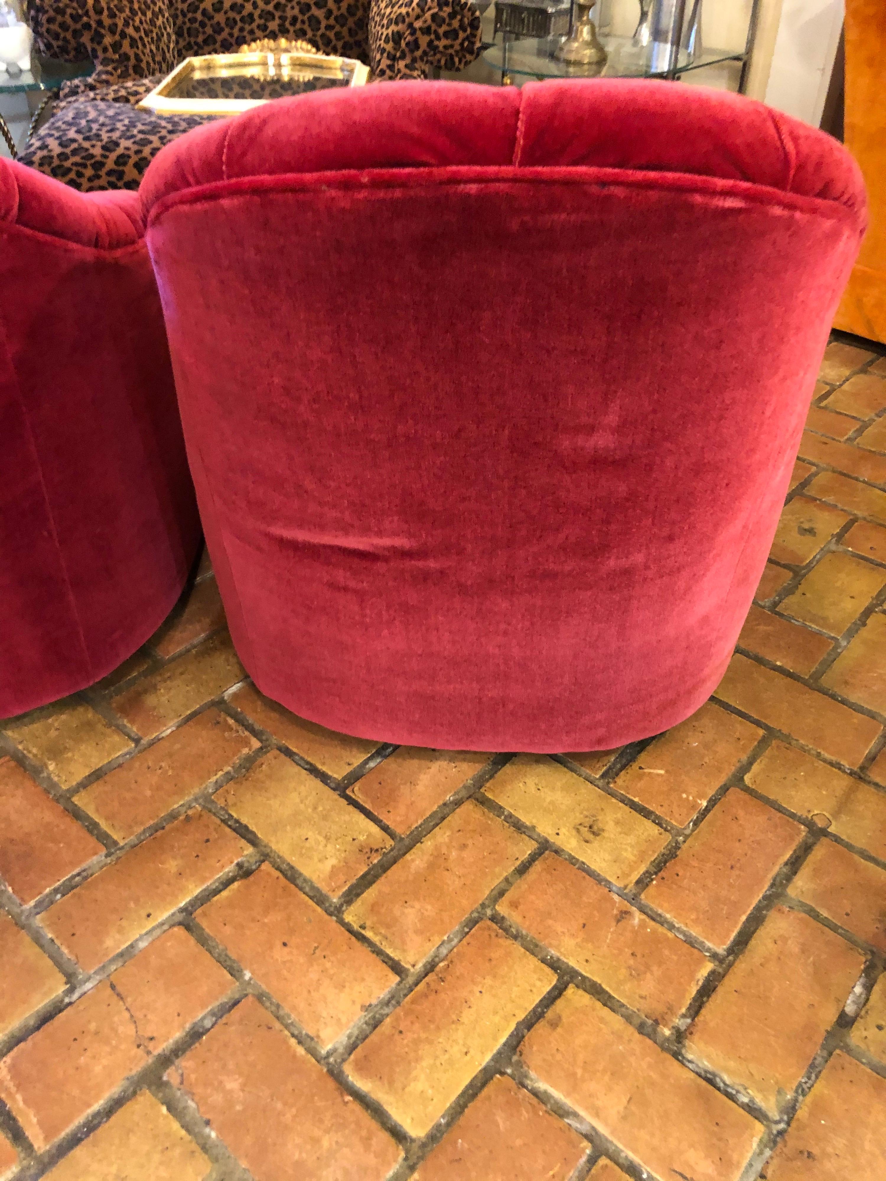 Pair of Raspberry Mohair Swivel Chairs by Directional 7