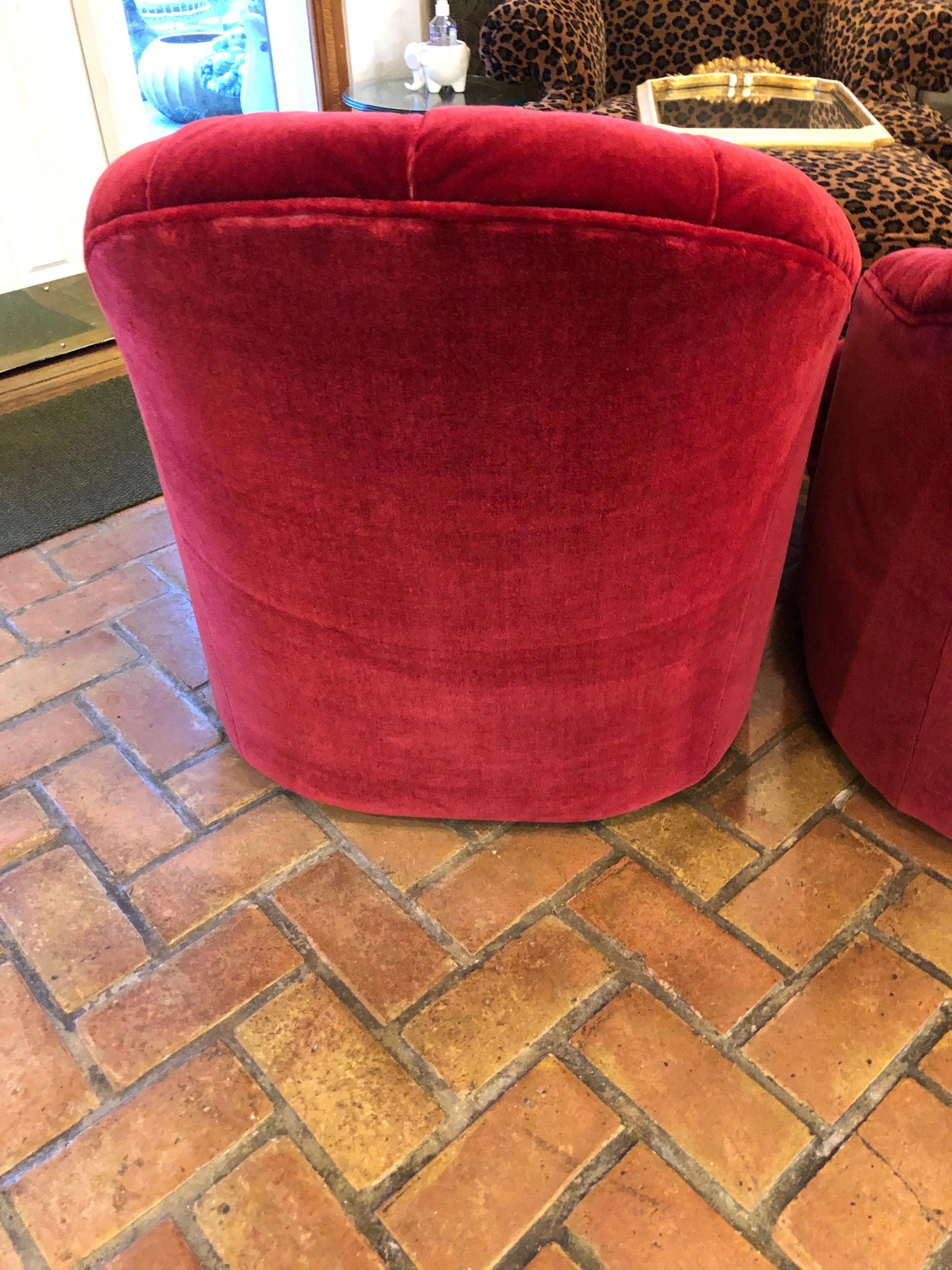Pair of Raspberry Mohair Swivel Chairs by Directional 8