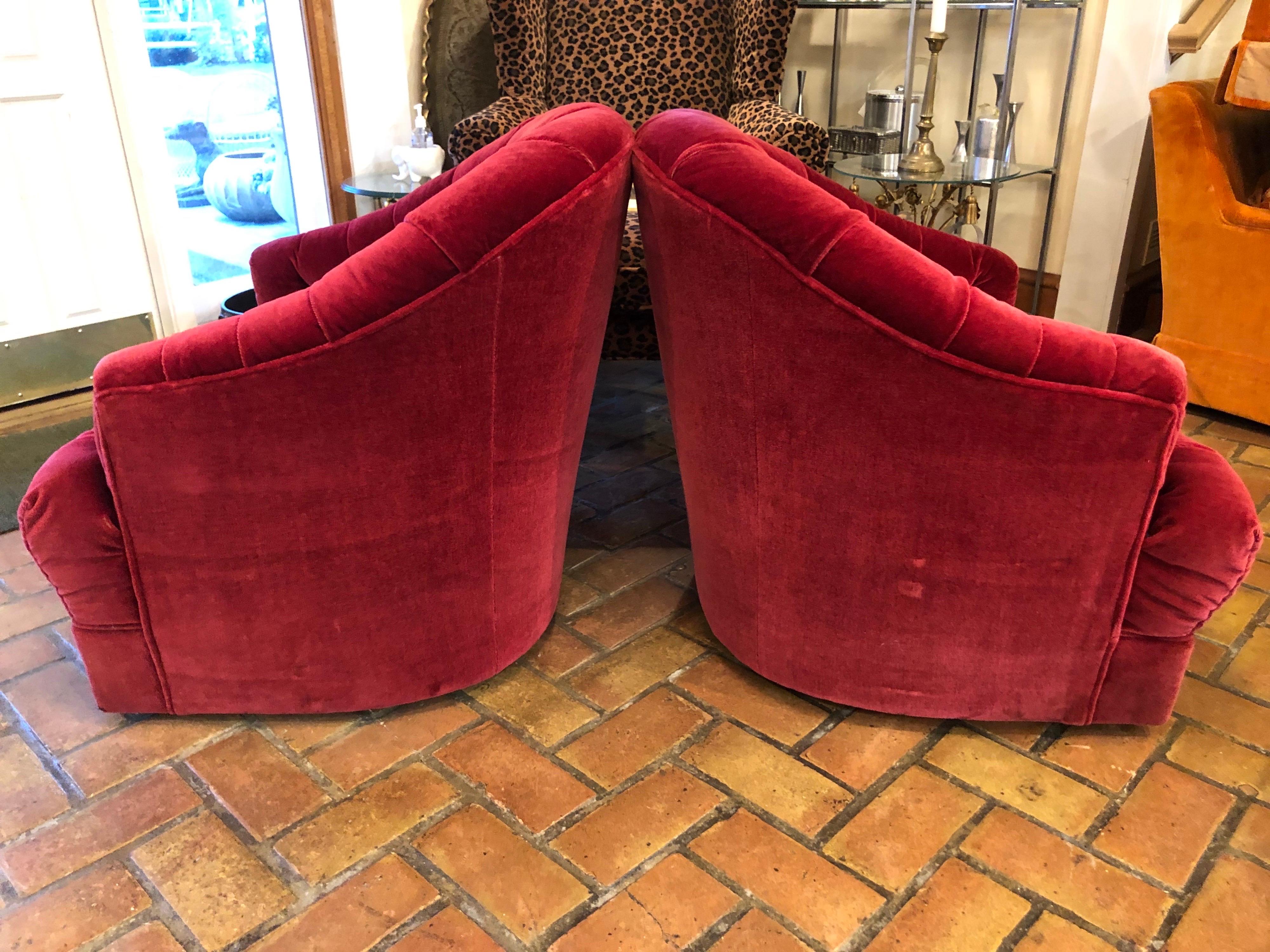 Pair of Raspberry Mohair Swivel Chairs by Directional 9