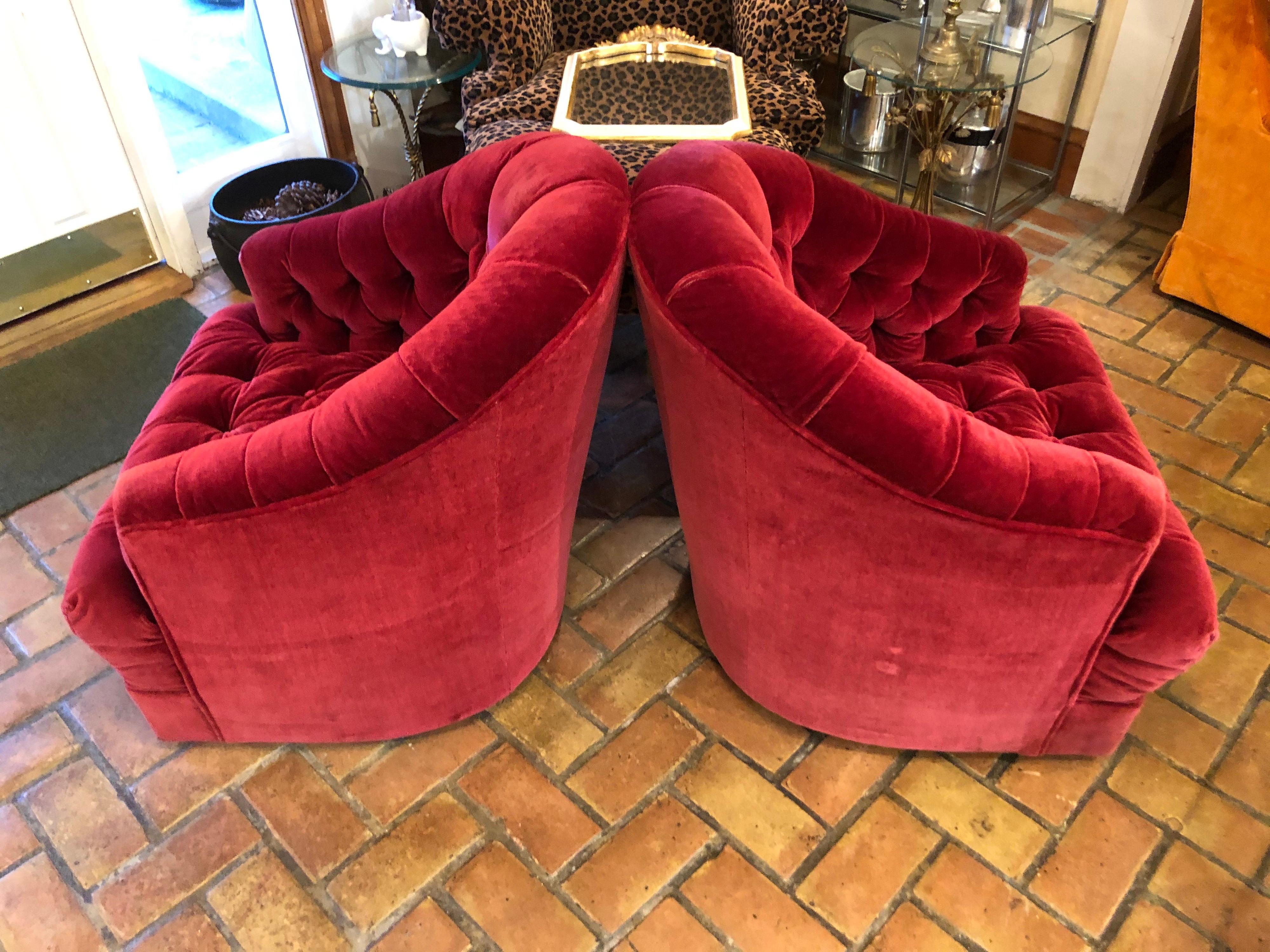 Pair of Raspberry Mohair Swivel Chairs by Directional 10
