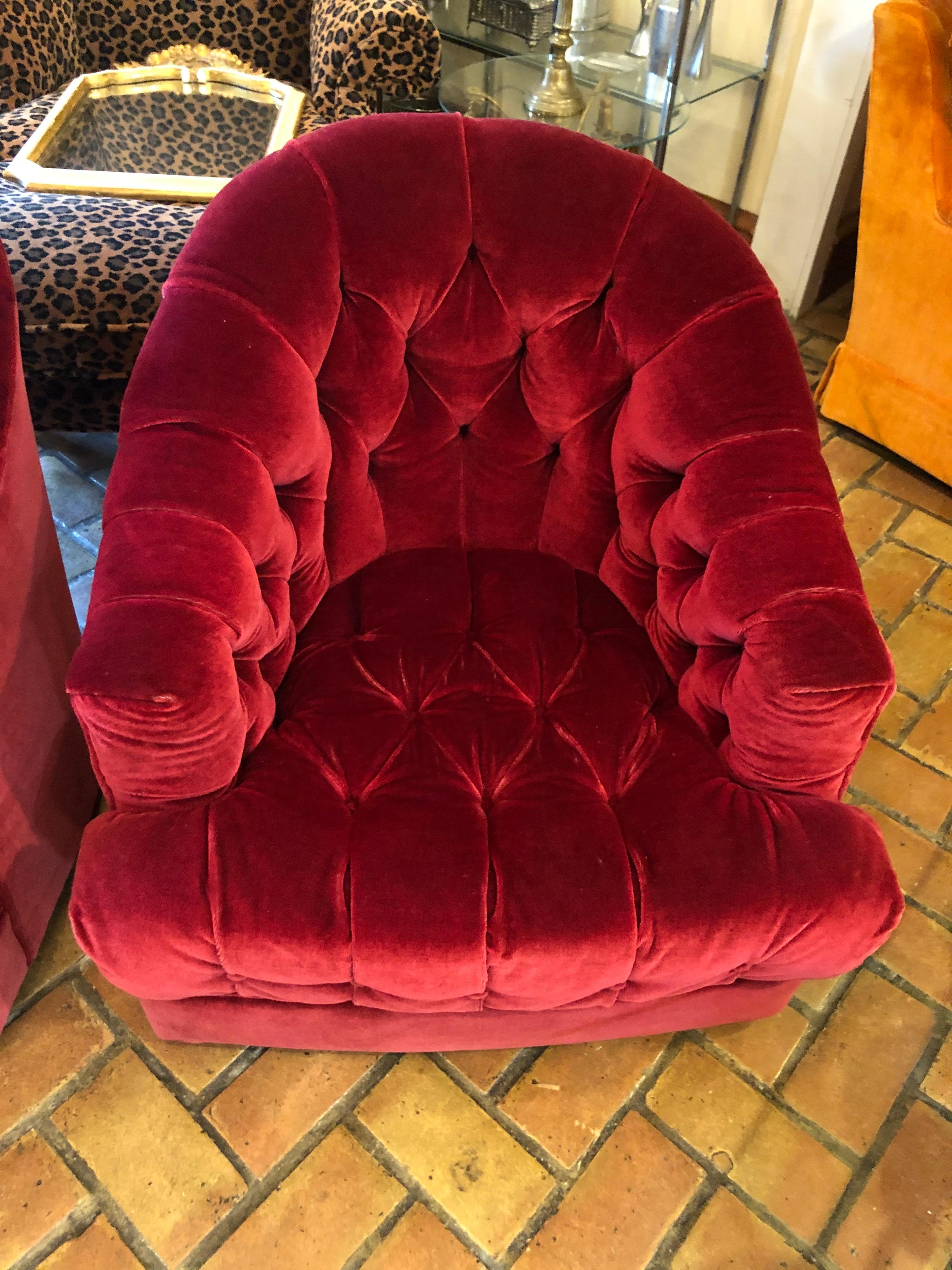 Mid-Century Modern Pair of Raspberry Mohair Swivel Chairs by Directional