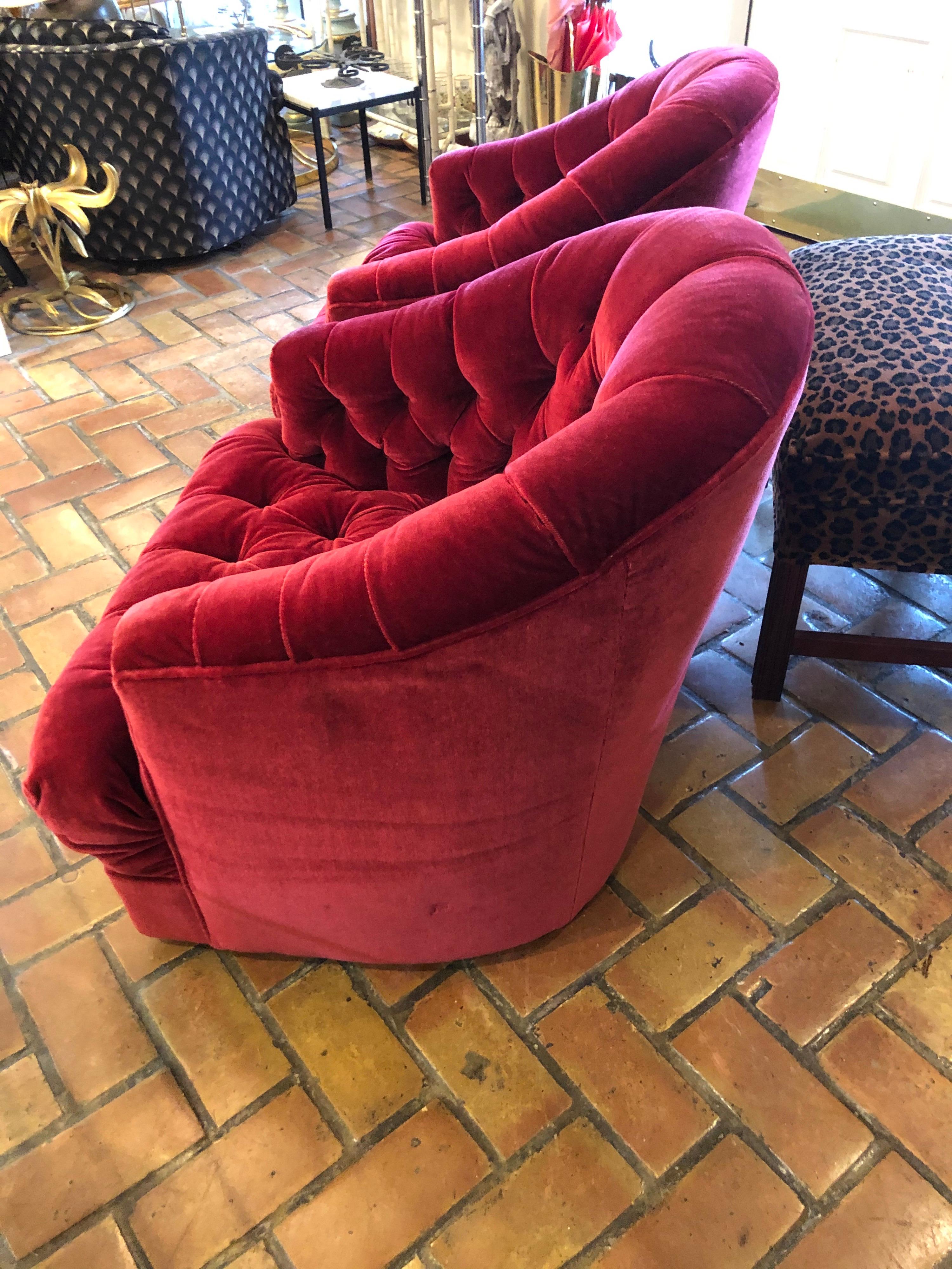 Pair of Raspberry Mohair Swivel Chairs by Directional In Good Condition In Redding, CT