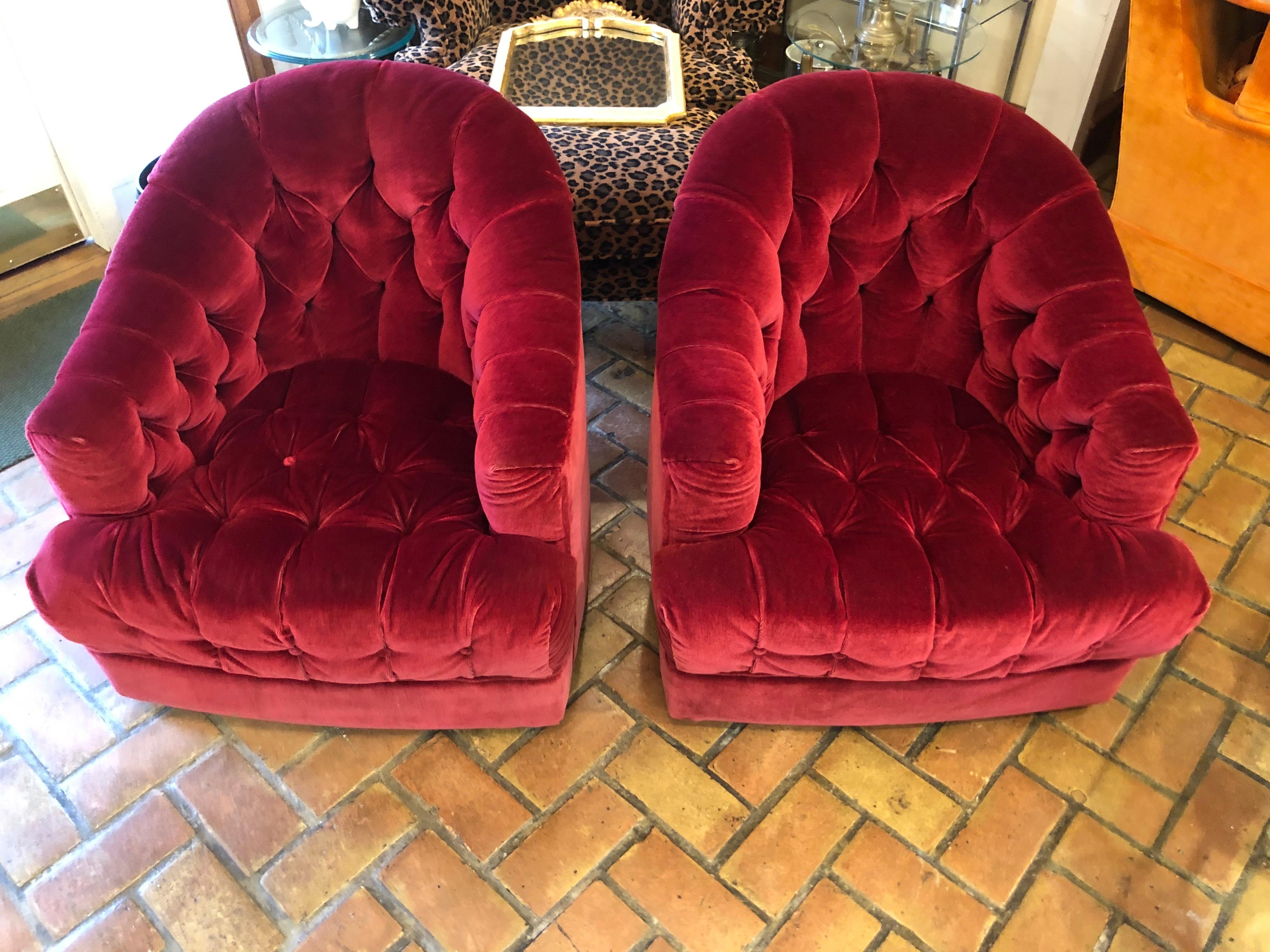 Late 20th Century Pair of Raspberry Mohair Swivel Chairs by Directional