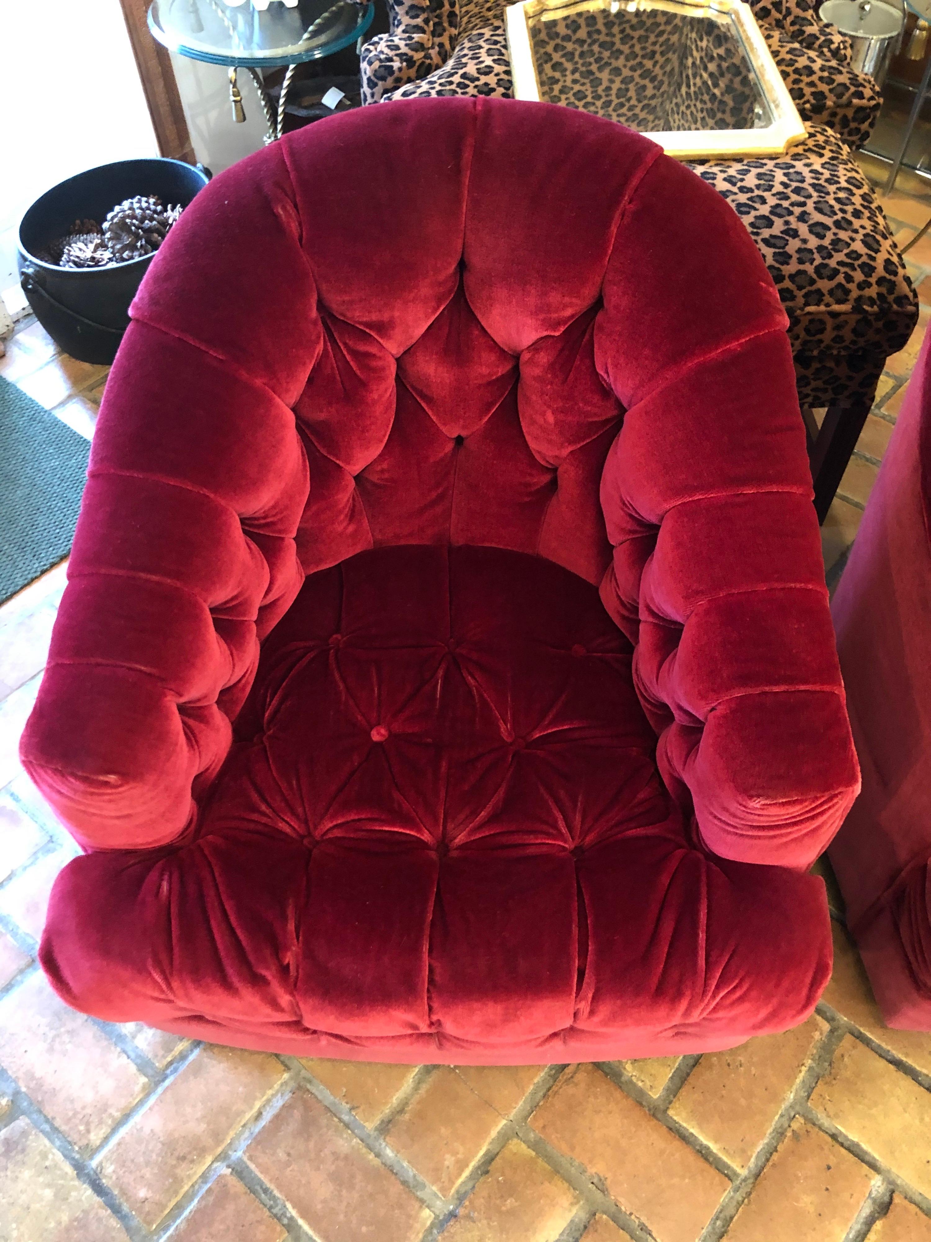 Pair of Raspberry Mohair Swivel Chairs by Directional 1