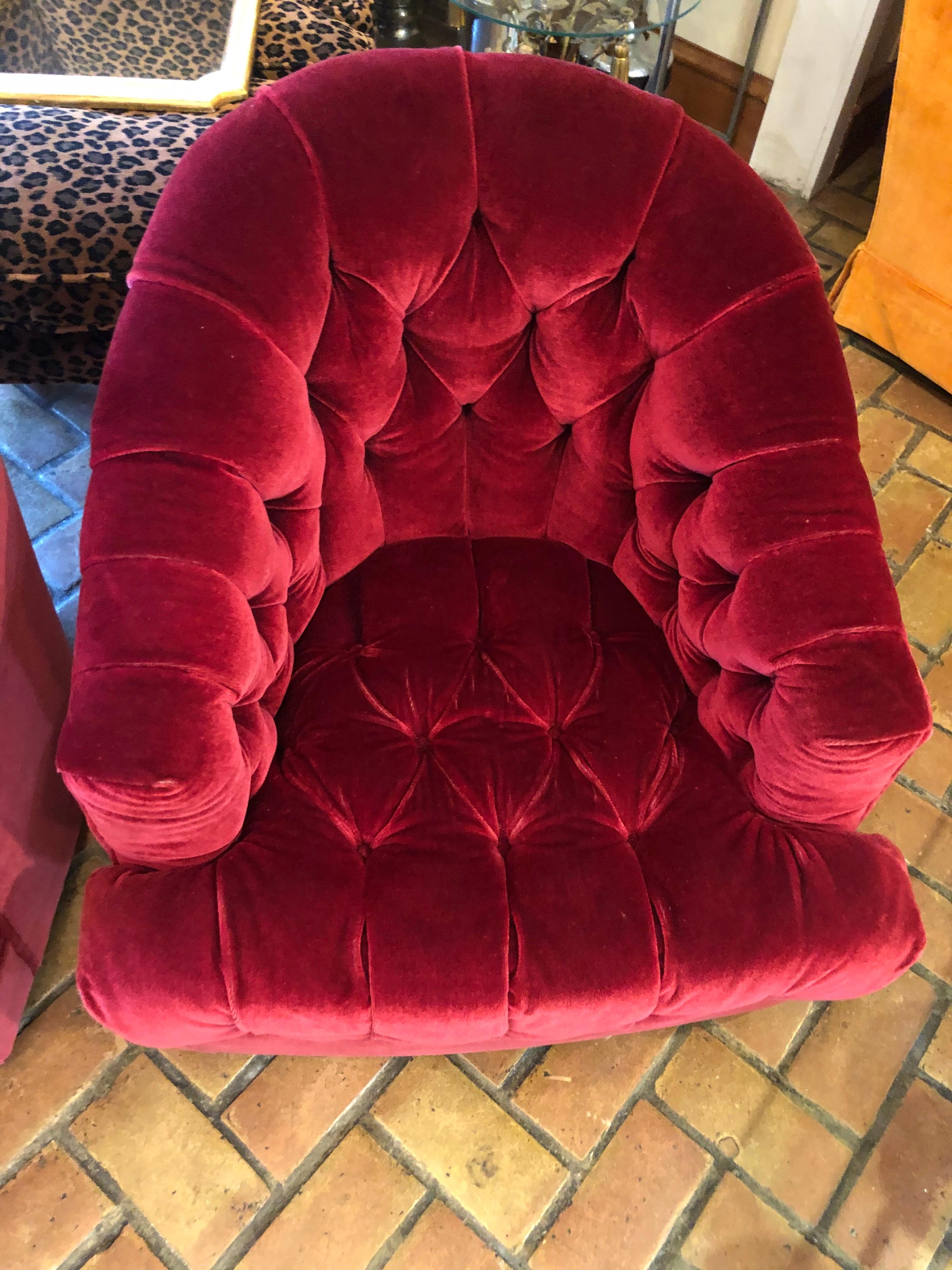 Pair of Raspberry Mohair Swivel Chairs by Directional 2