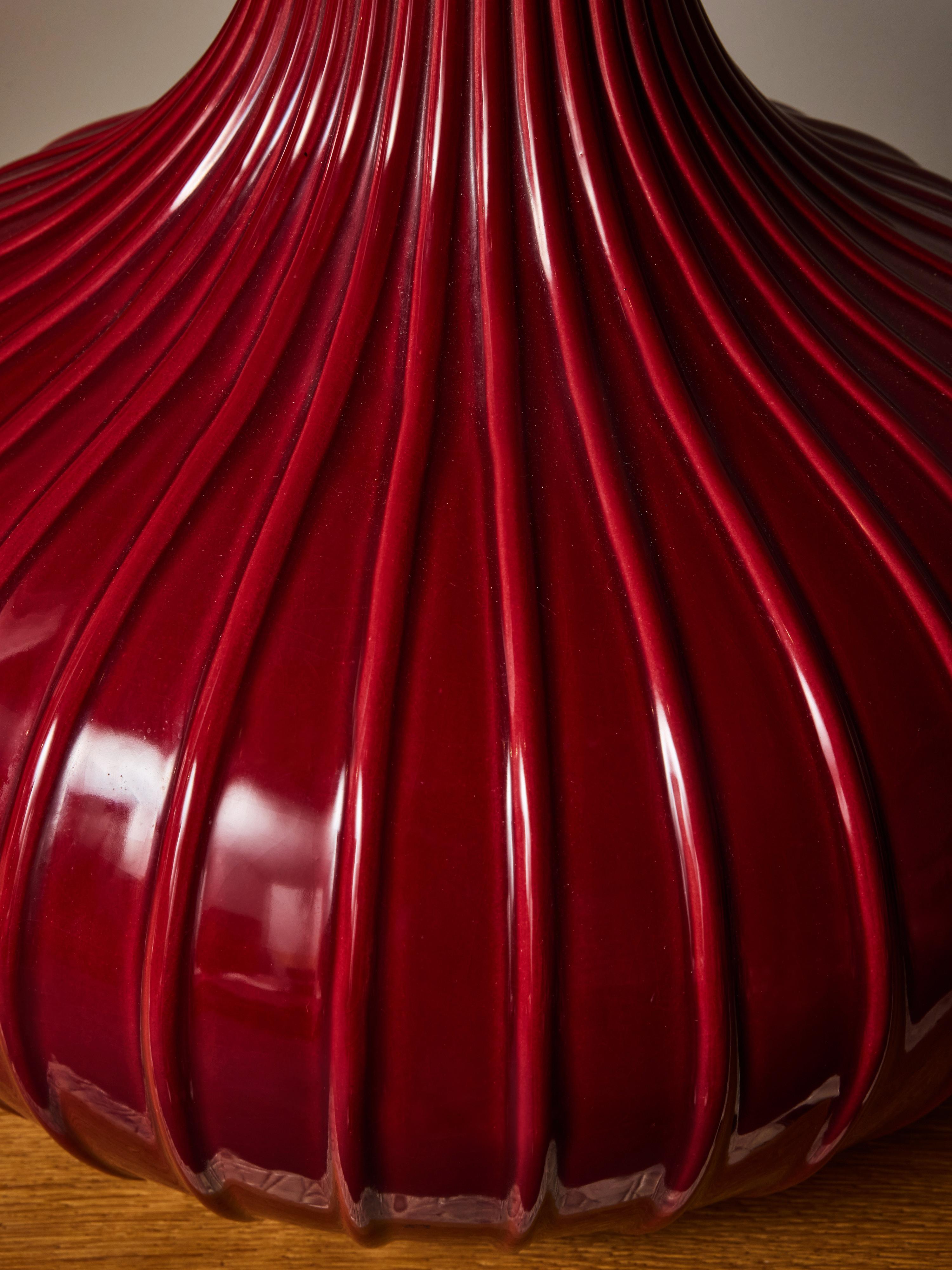 Pair of Raspberry Red Large Ceramic Table Lamps For Sale 4