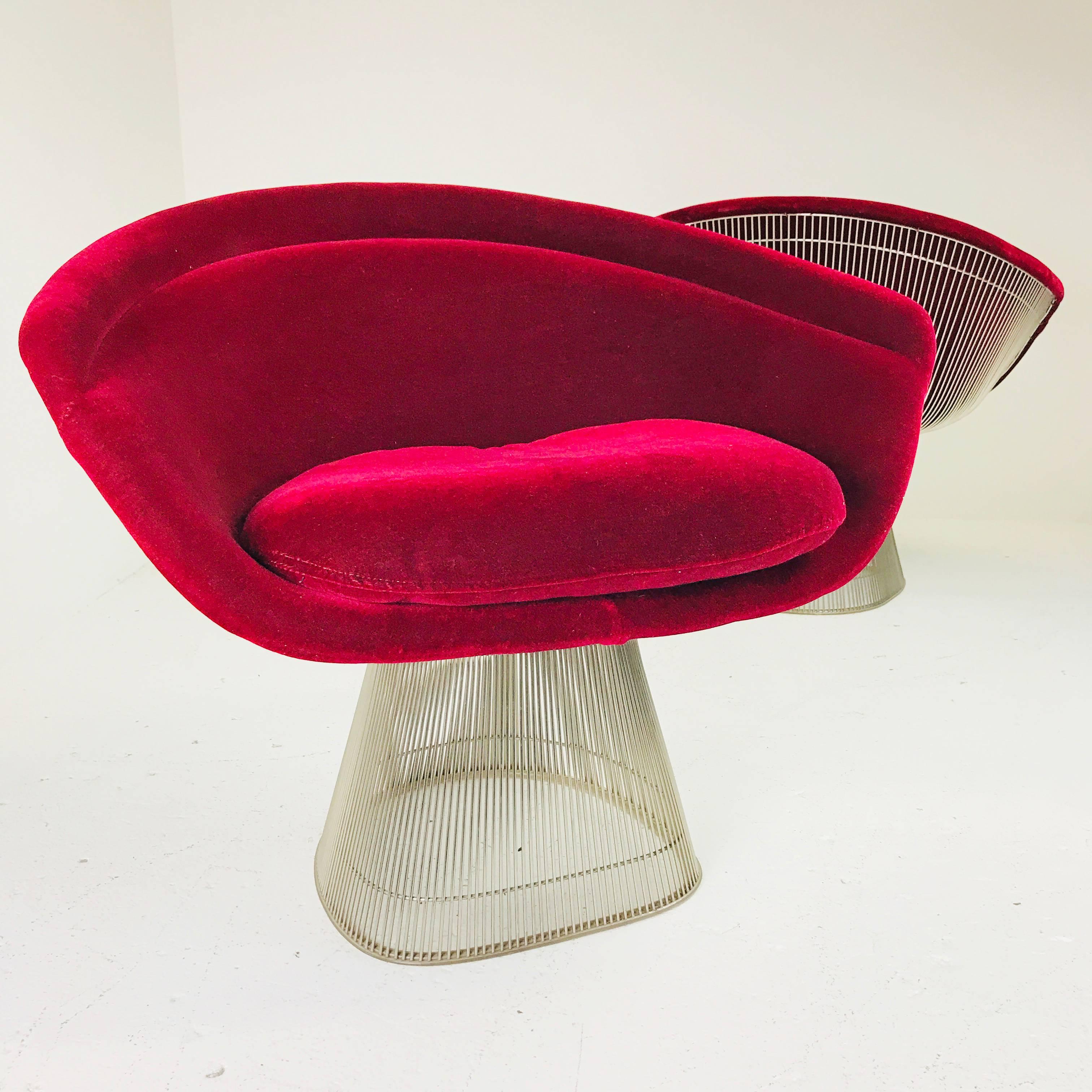 Mid-Century Modern Pair of Raspberry Velvet Warren Platner Lounge Chairs