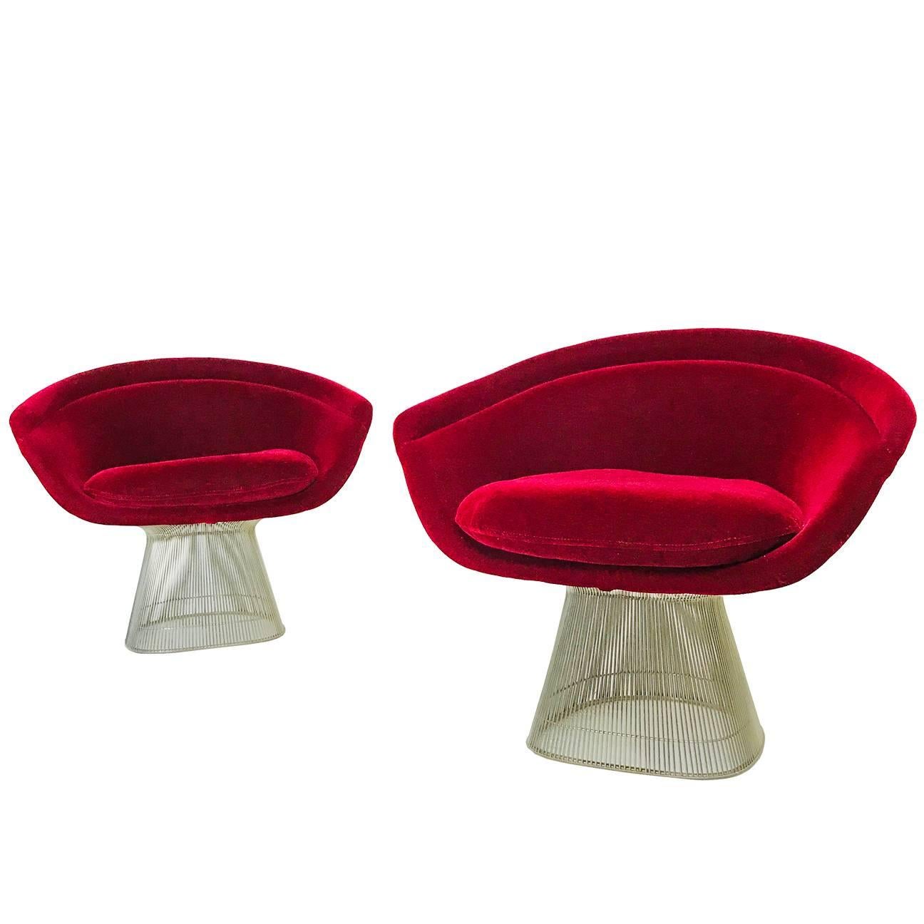 Pair of Raspberry Velvet Warren Platner Lounge Chairs