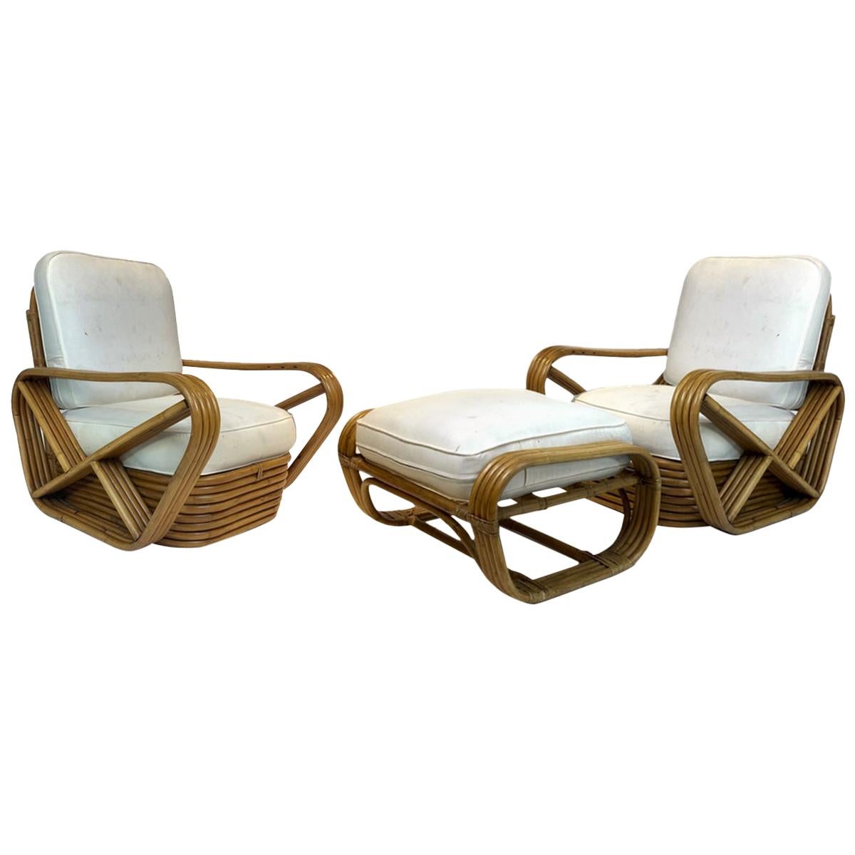 Pair of Rattan 1940s Paul Frankl Style Pretzel Chairs with Ottoman from Japan