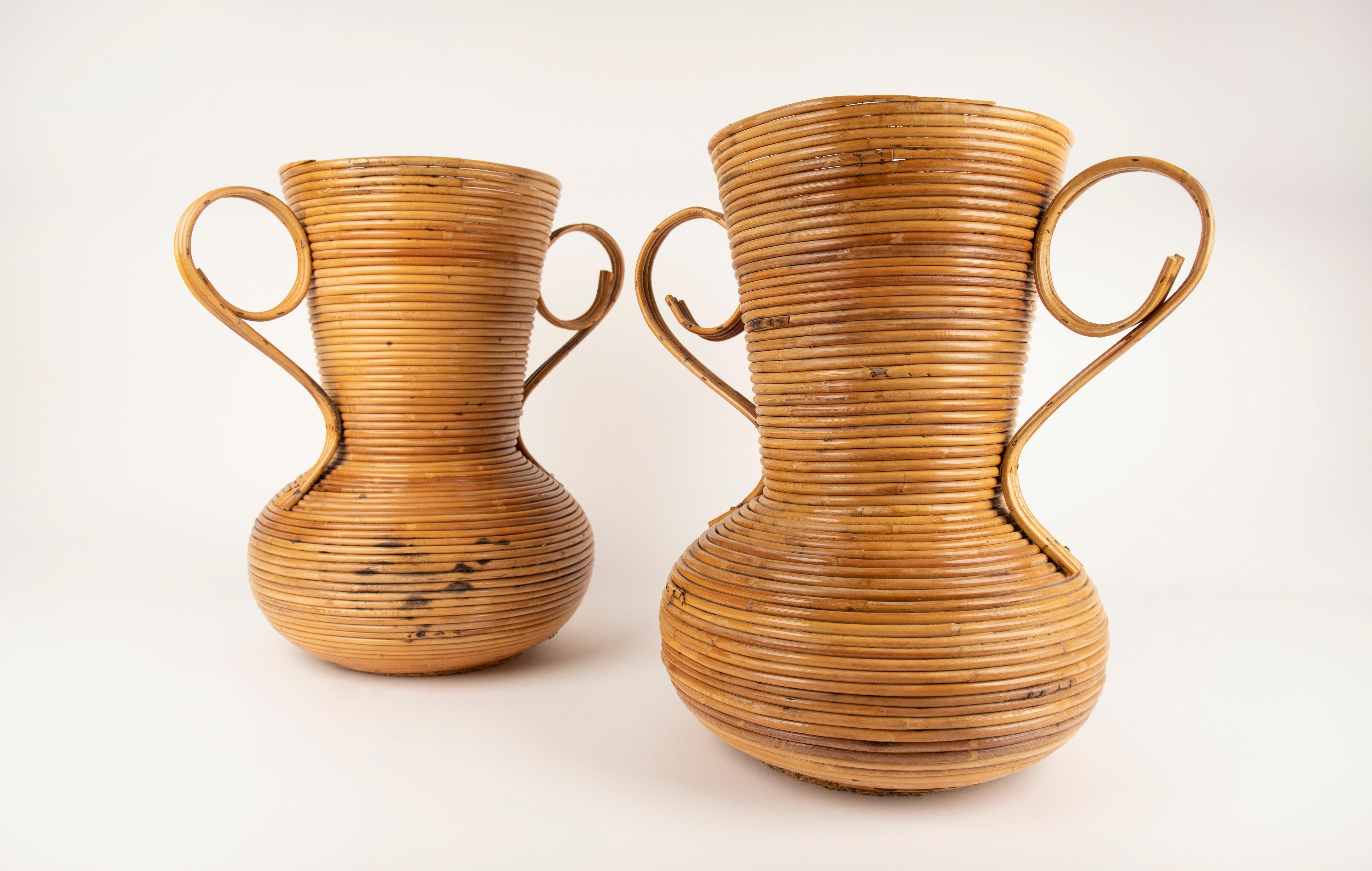 Coppia di vasi in rattan degli anni '60 con due manici a forma di antica anfora di Vivai del Sud, Roma, Italia.

Vivai del Sud è stato un marchio rinomato a Roma negli anni '60 e '70, ispirato da Gabriella Crespi, che ha portato lo stile