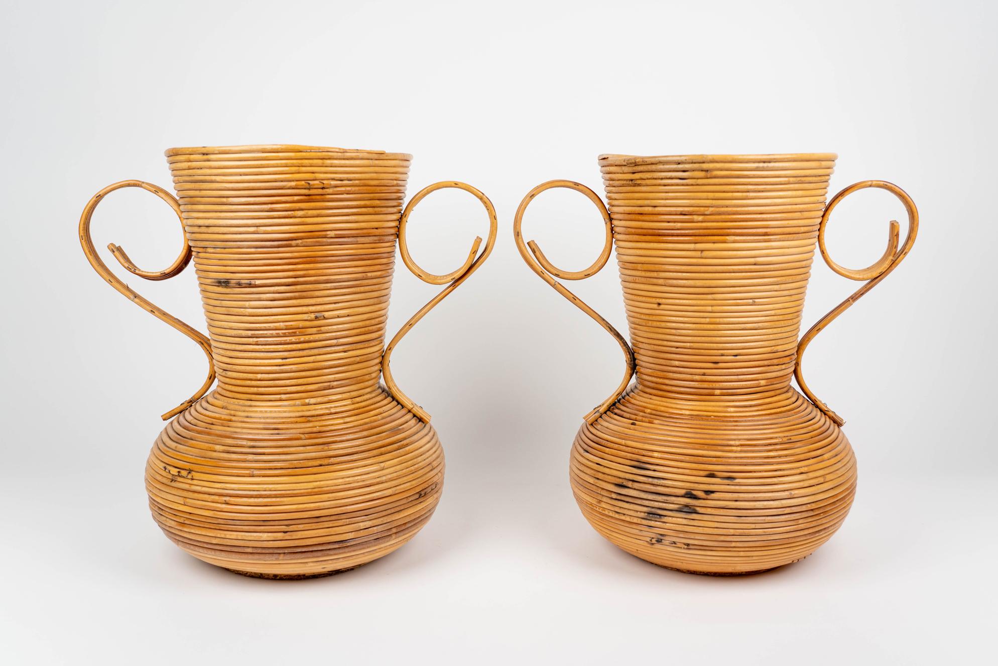 Mid-Century Modern Pair of Rattan Amphoras Vases by Vivai del Sud, Italy 1960s For Sale