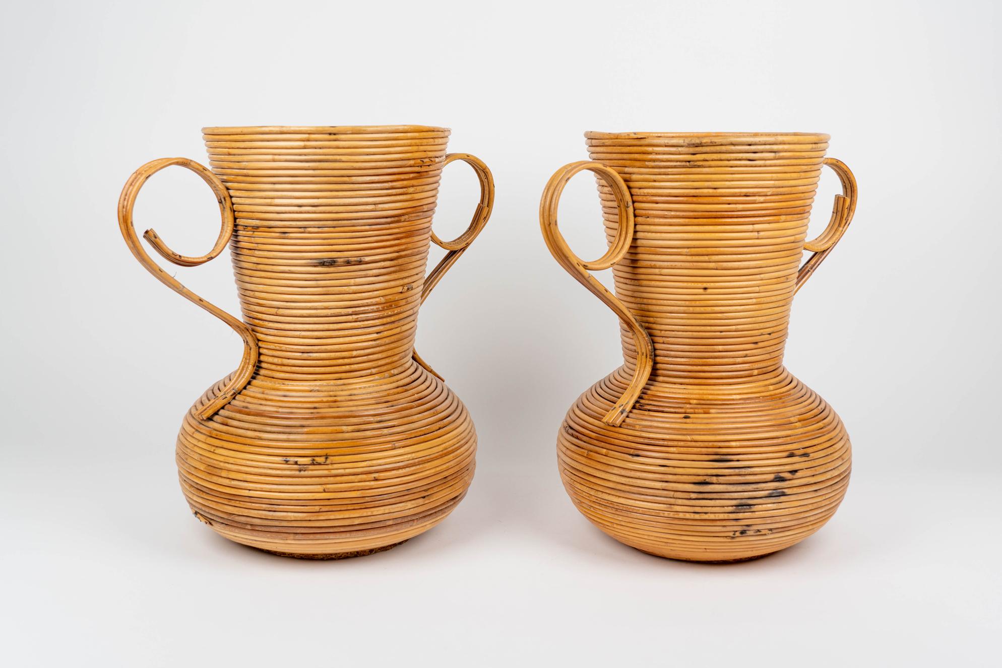 Italian Pair of Rattan Amphoras Vases by Vivai del Sud, Italy 1960s For Sale