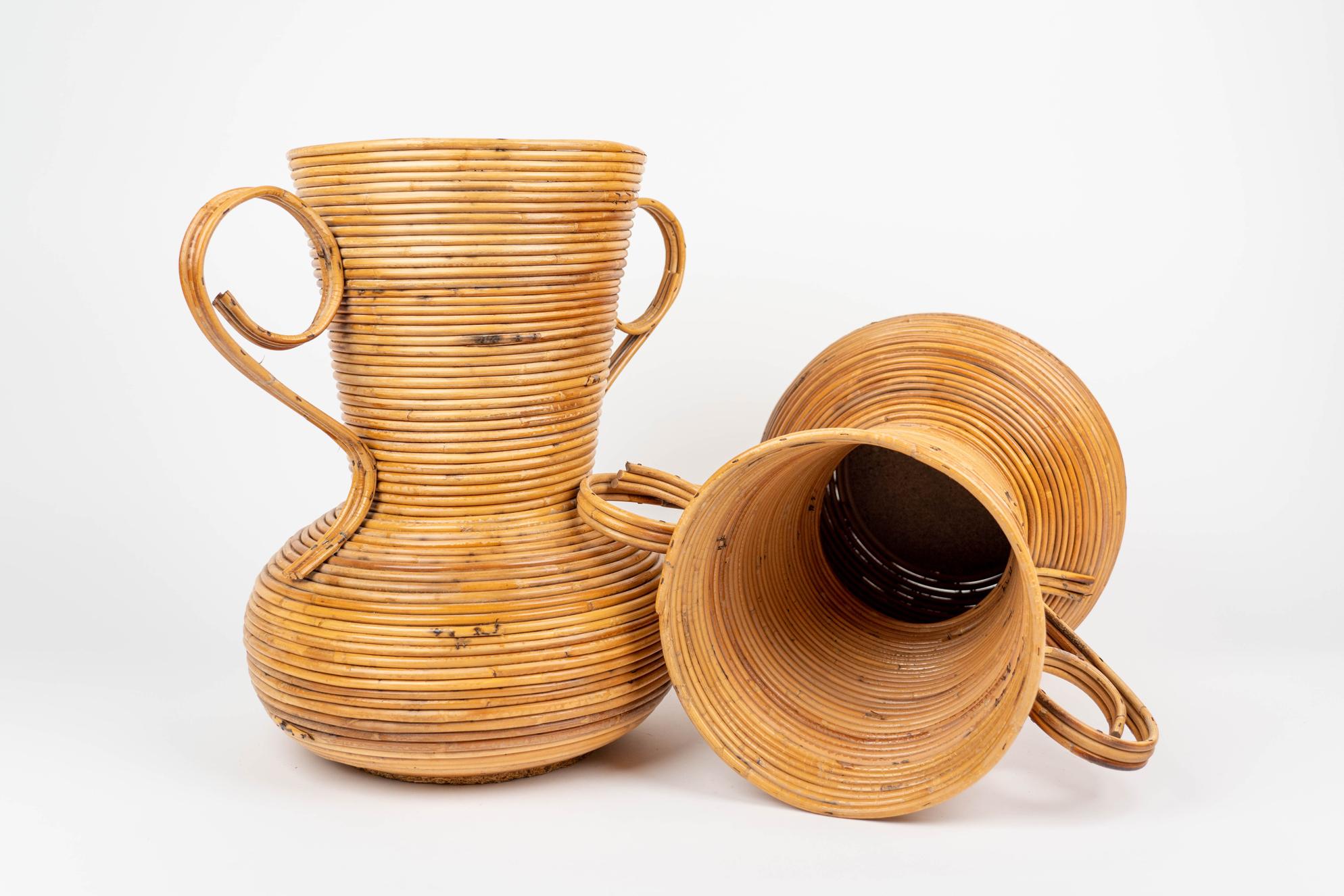 Mid-20th Century Pair of Rattan Amphoras Vases by Vivai del Sud, Italy 1960s For Sale