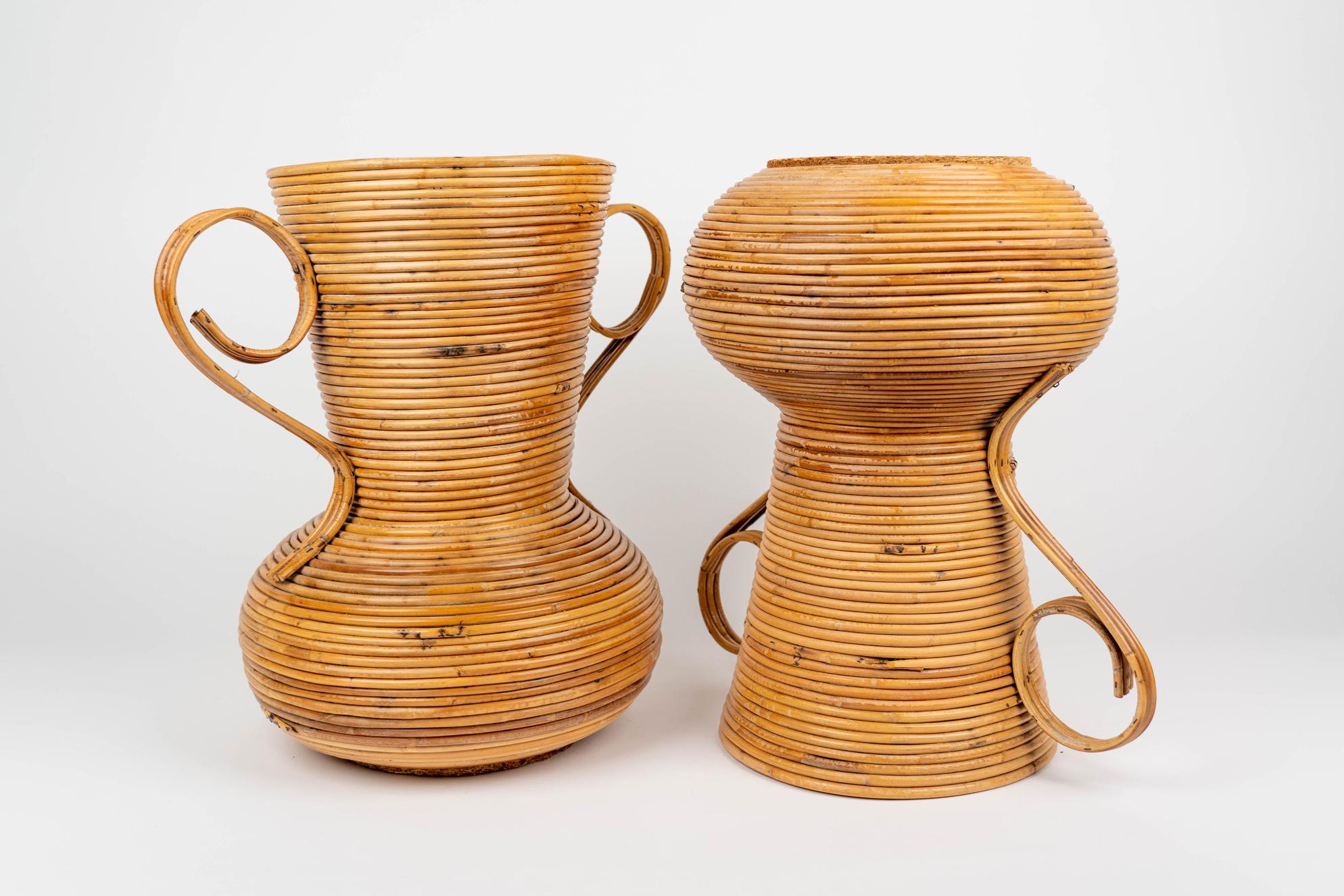 Bamboo Pair of Rattan Amphoras Vases by Vivai del Sud, Italy 1960s For Sale