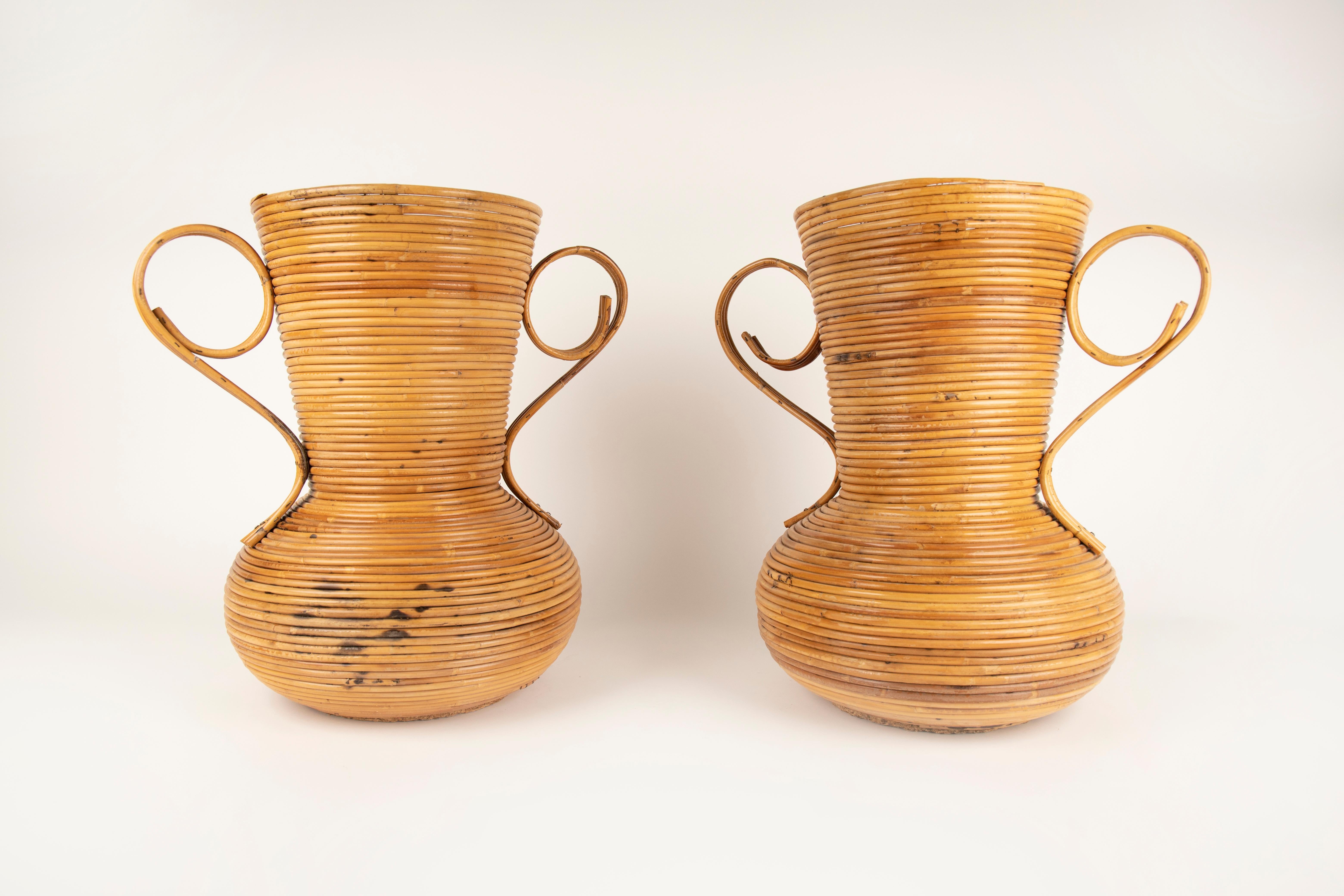 Pair of Rattan Amphoras Vases by Vivai del Sud, Italy 1960s For Sale 1