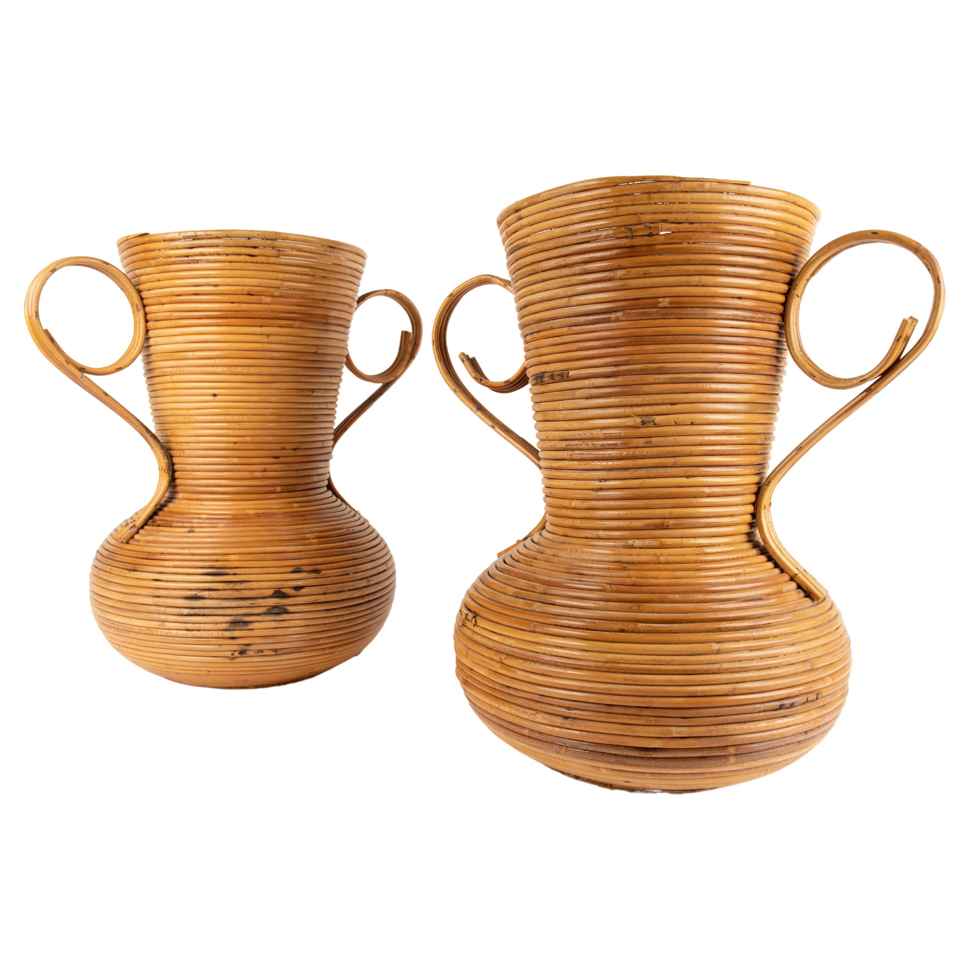 Pair of Rattan Amphoras Vases by Vivai del Sud, Italy 1960s For Sale