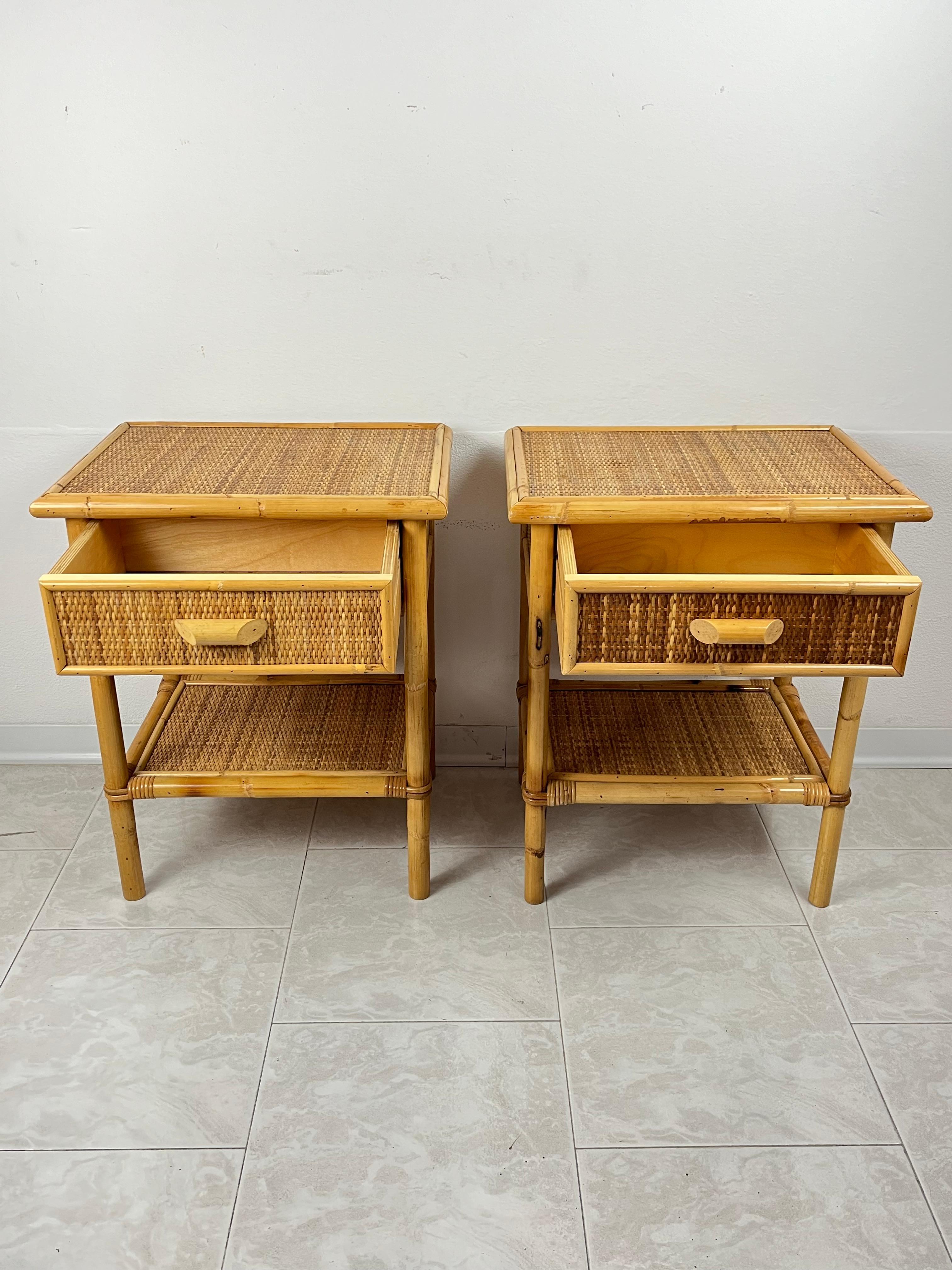 Pair of rattan and bamboo bedside tables, Mid-Century Italian design
Intact and in good condition.