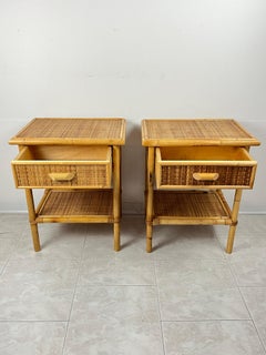 Set of 2 Mid-Century French Riviera Wicker And Rattan Bedside Tables 1960s