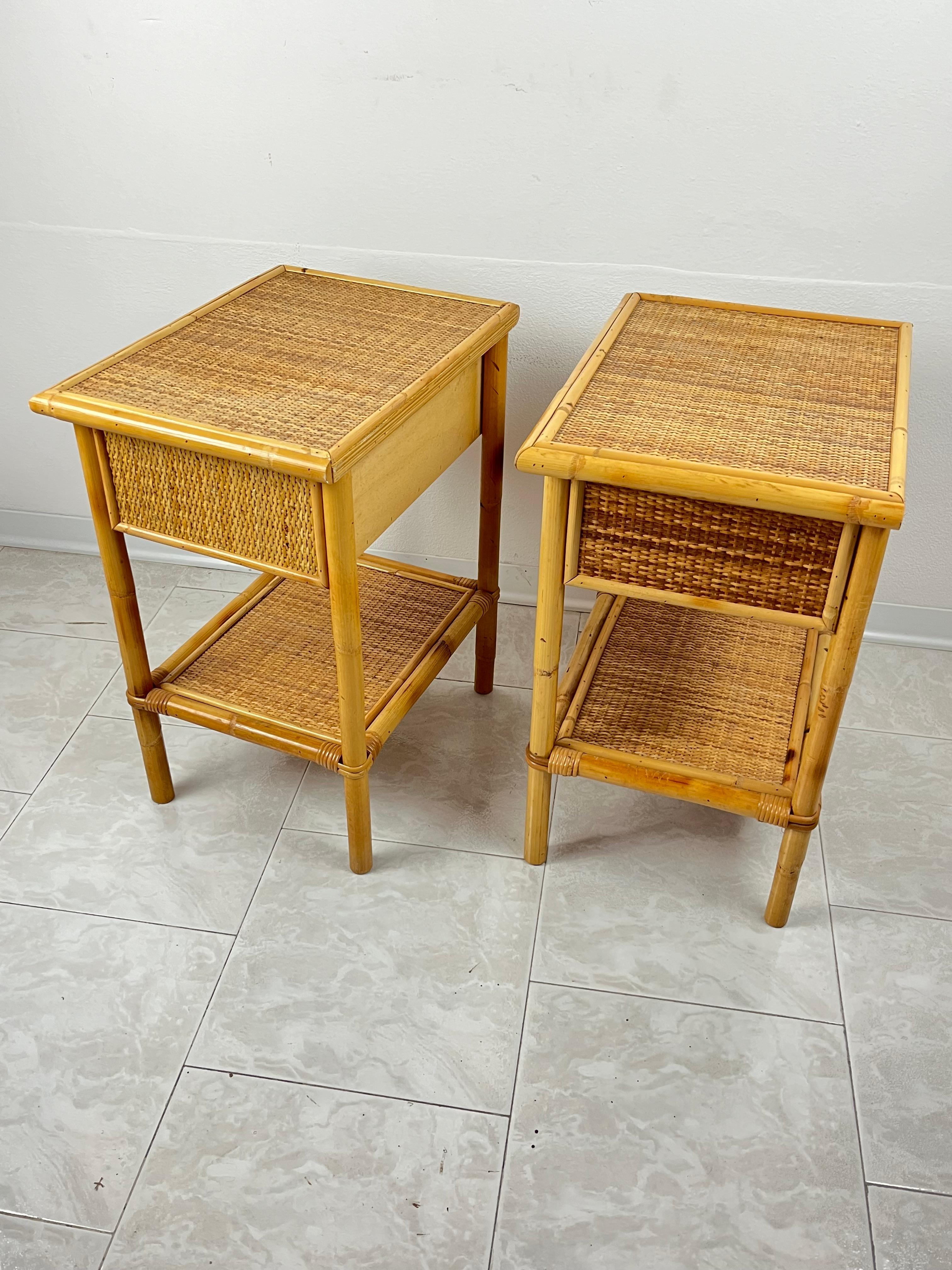 Late 20th Century Set of 2 Mid-Century French Riviera Wicker And Rattan Bedside Tables 1960s For Sale